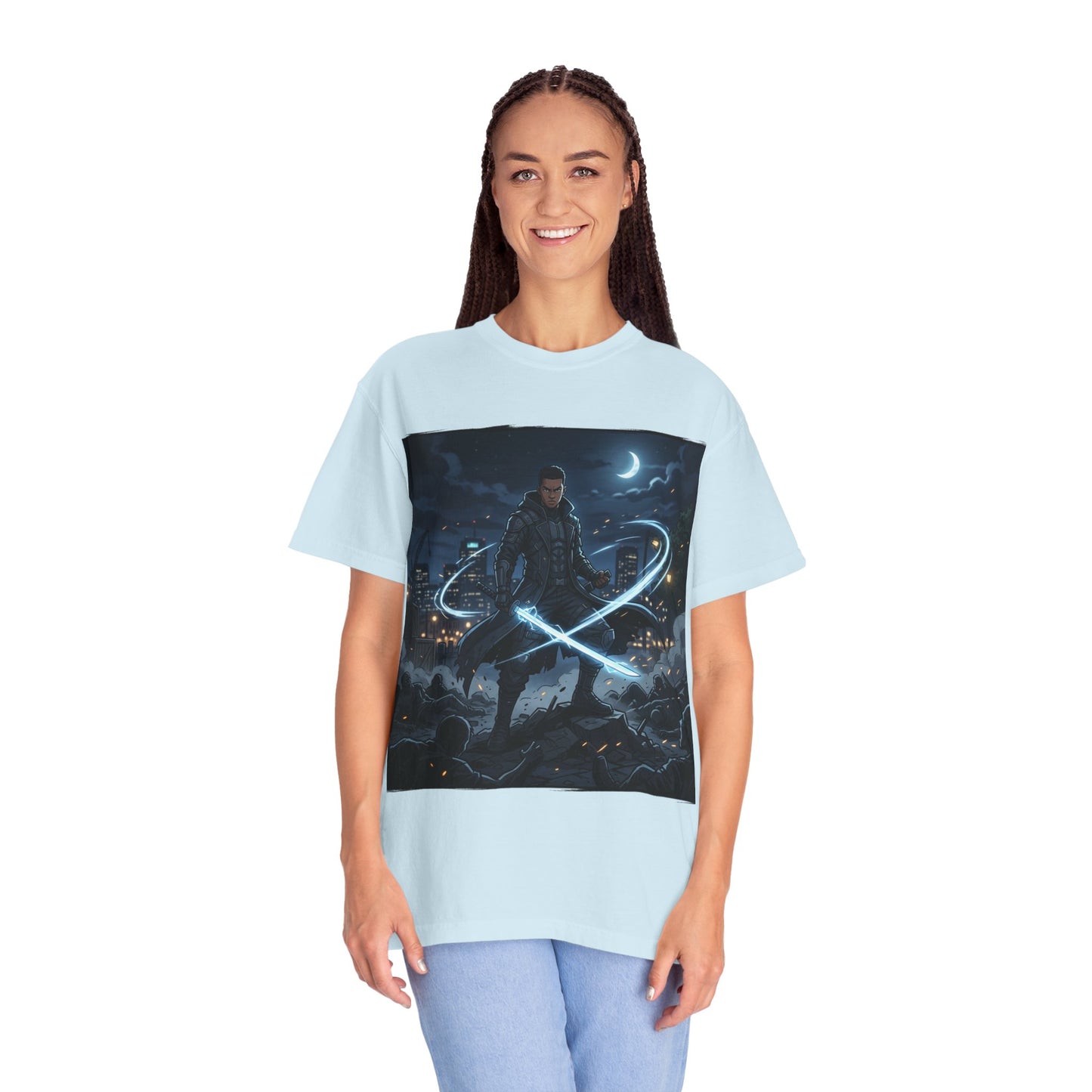 Urban Night Warrior T-Shirt — Neon Samurai Cityscape