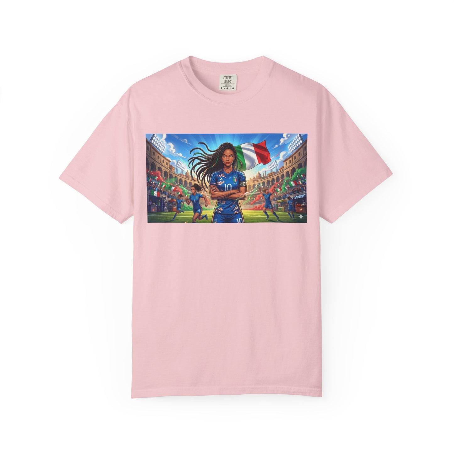 Italian Soccer Fan T‑Shirt – Inspirational Female Player with Italy Flag Stadium Print