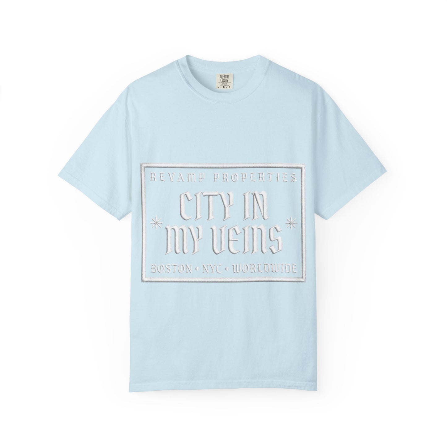 City In My Veins T‑Shirt — Vintage Cityscape Tee (Boston • NYC • Manchester)