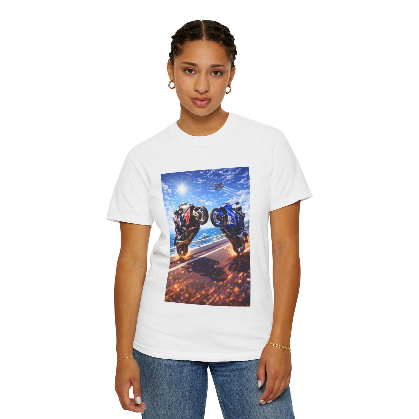 Stunt Riders Motorcycle T-Shirt — Two Bike Wheelie Racing Graphic Tee