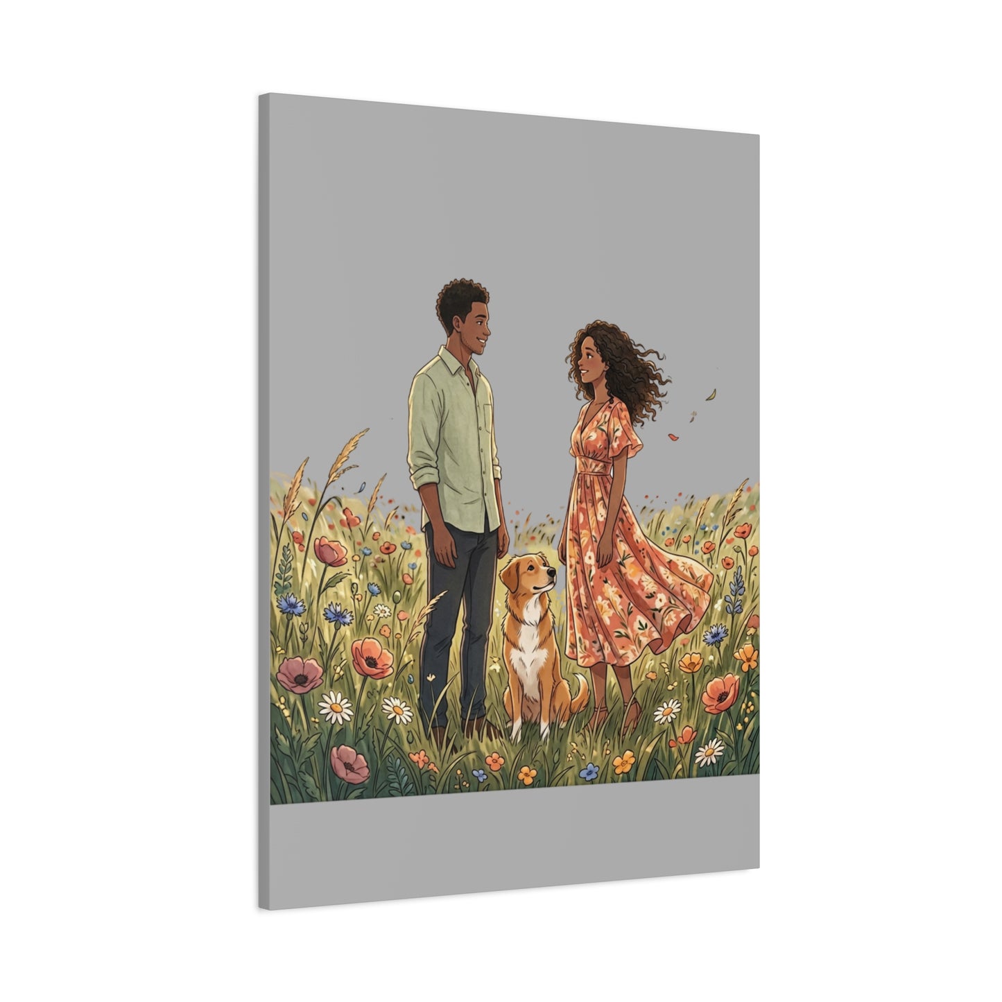 Romantic Couple in Wildflower Field Canvas Art — Black Love Wall Decor with Dog