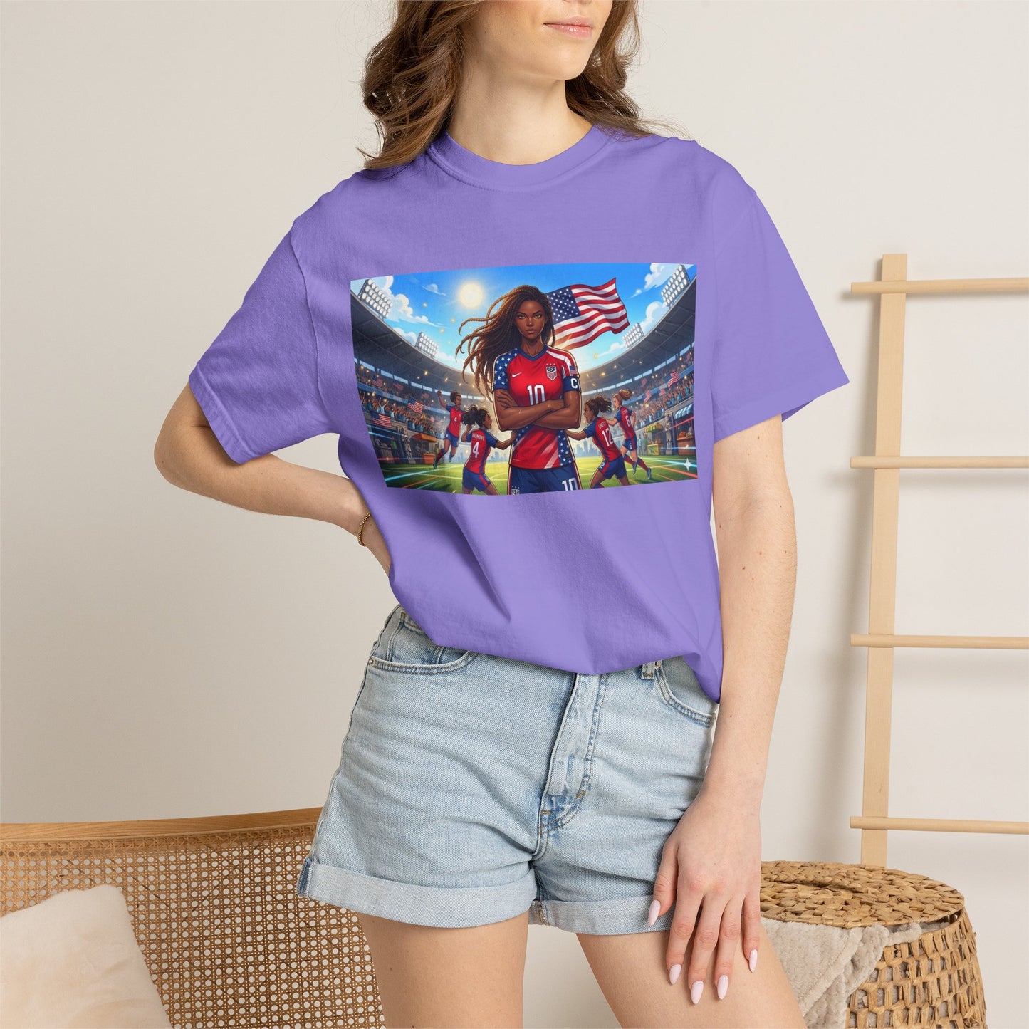 Soccer Mom USA T-Shirt — Female Soccer Player with American Flag Stadium Graphic