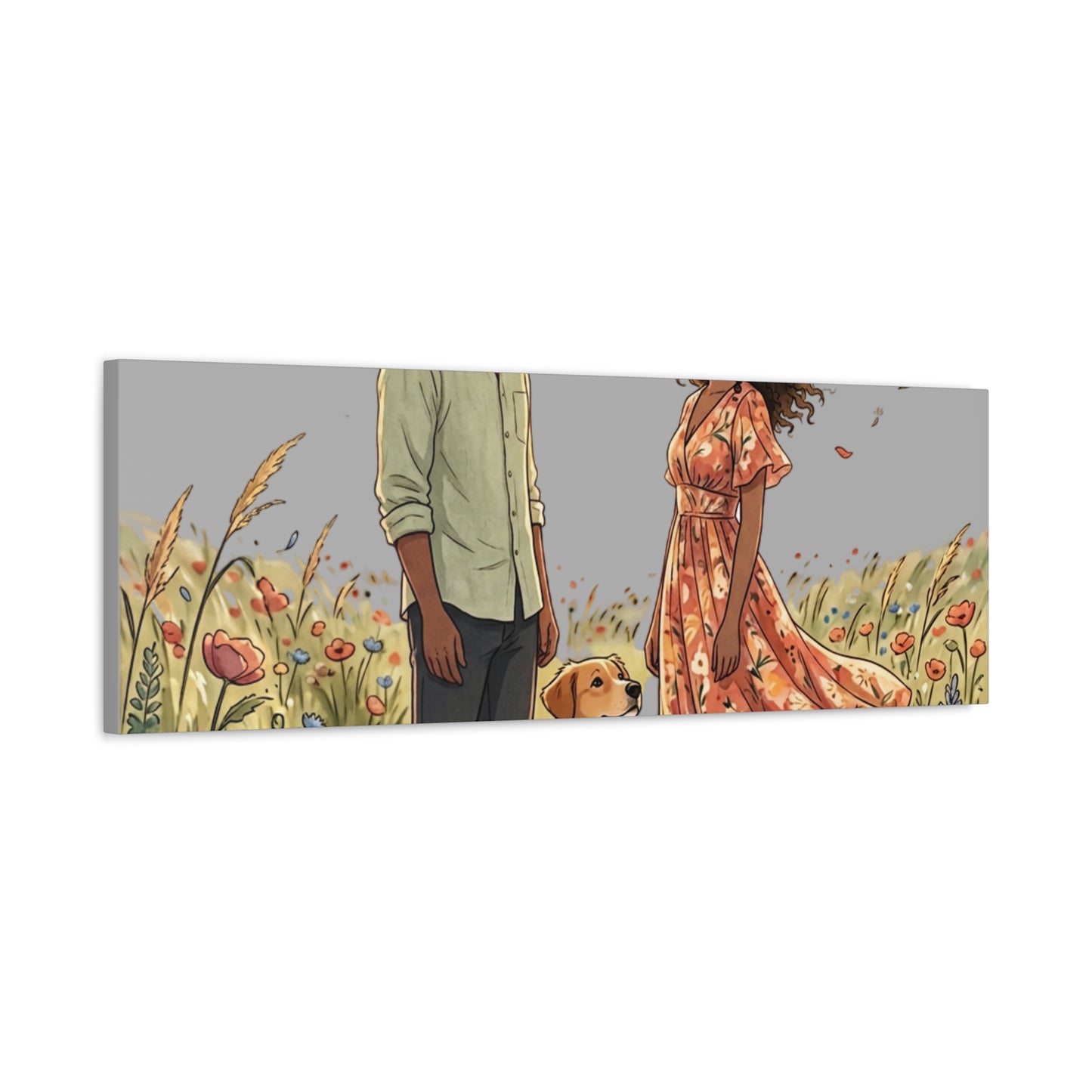 Romantic Couple in Wildflower Field Canvas Art — Black Love Wall Decor with Dog