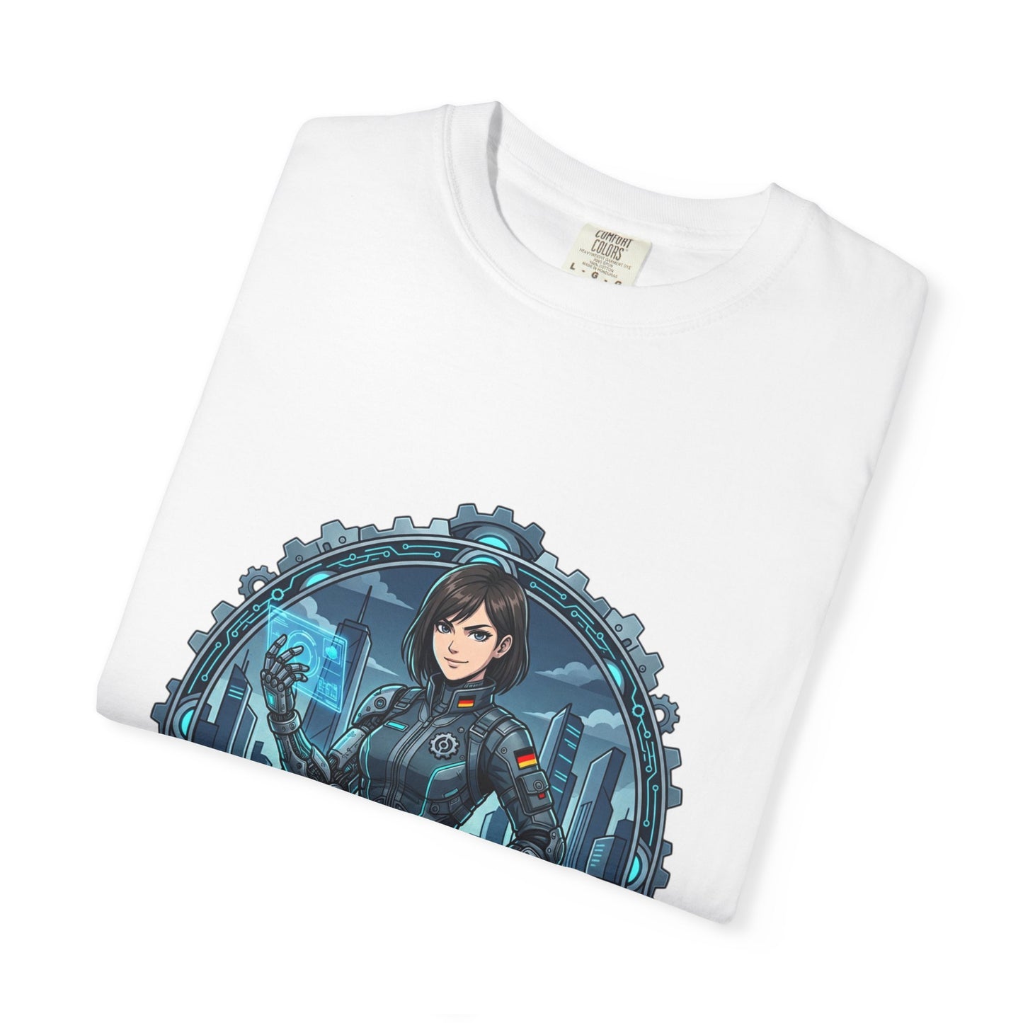Cyber Ninja Graphic T-Shirt — Futuristic Female Warrior Illustration