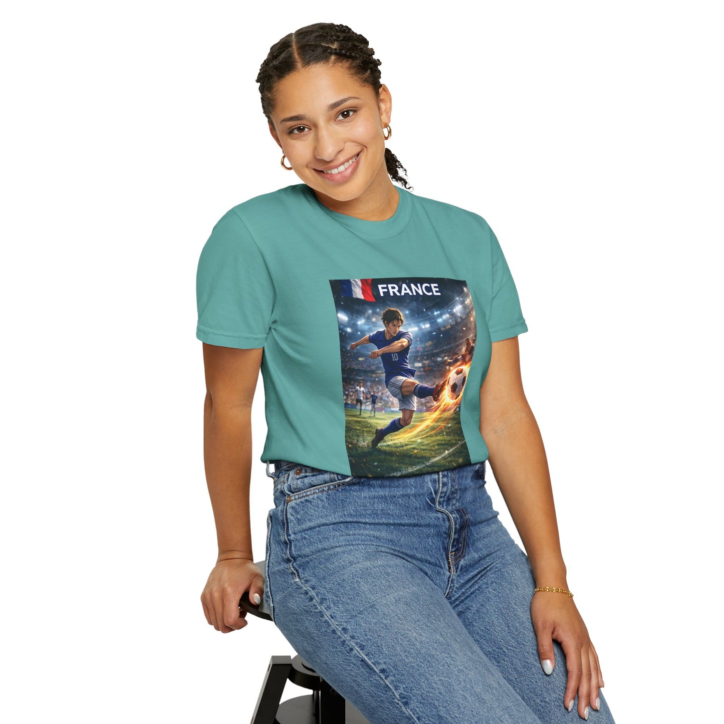 France Soccer Player Graphic T-Shirt — Football Kick Stadium Design