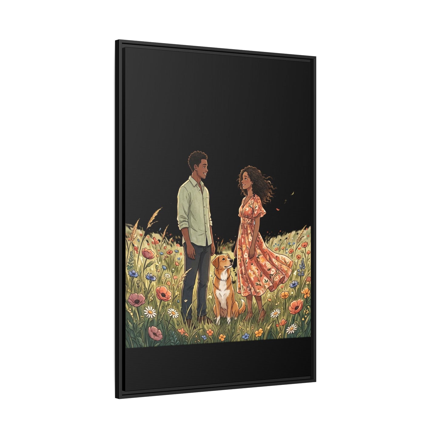 Framed Matte Canvas Print — Romantic Couple in Wildflower Field (Multi‑Color)