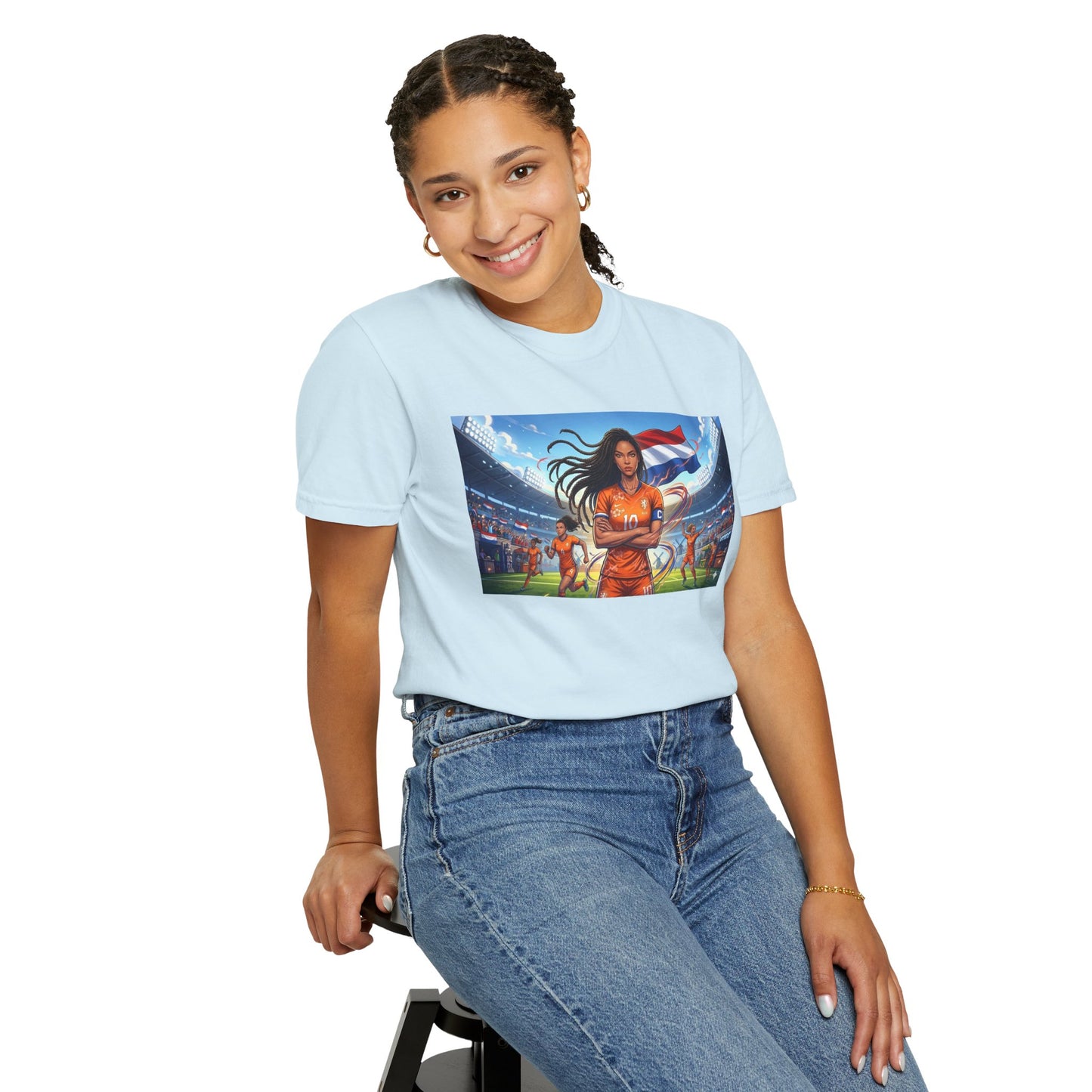 Soccer Warrior T-Shirt — Netherlands Female Captain with Flag Stadium Graphic