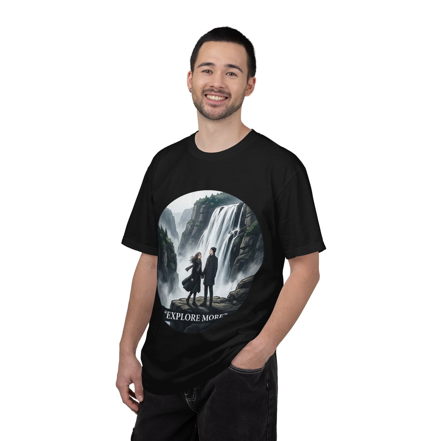 Explore More T-Shirt — Adventure Graphic Tee with Waterfall Scene