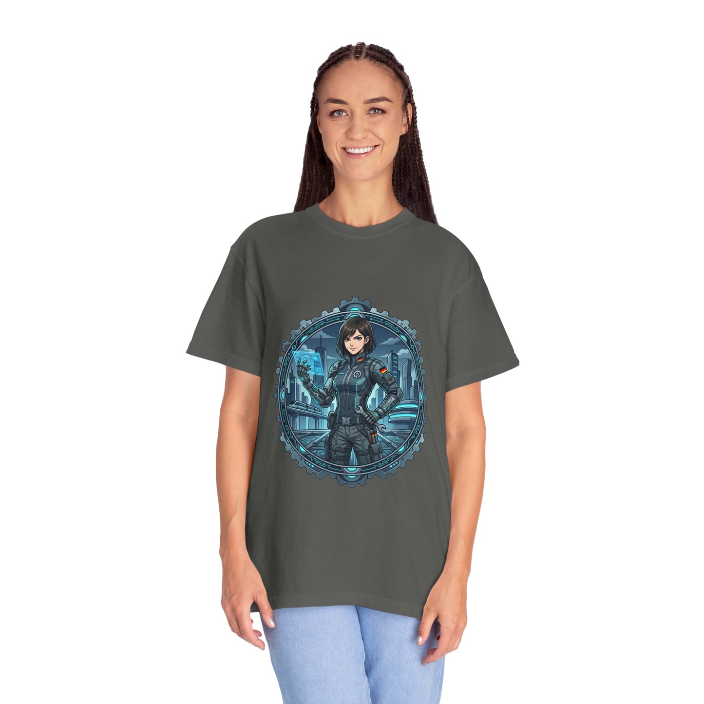 Cyber Ninja Graphic T-Shirt — Futuristic Female Warrior Illustration