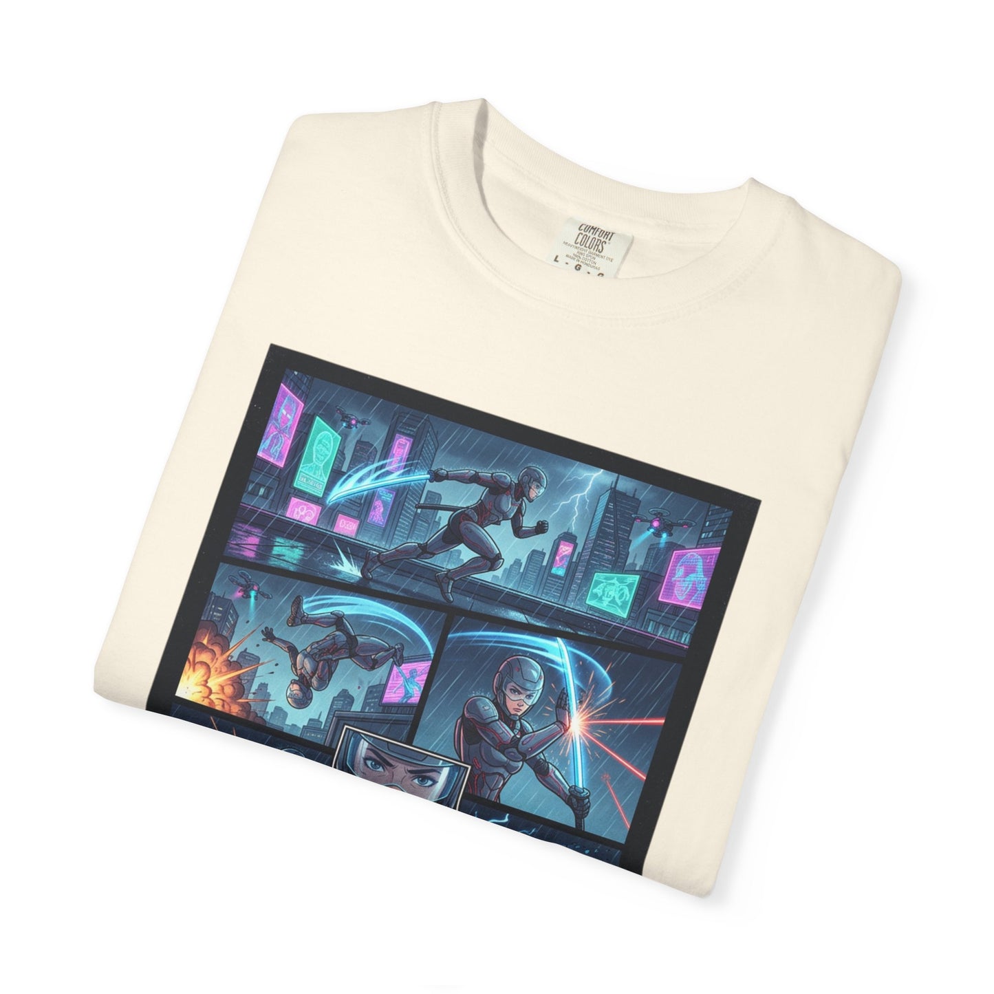 Cyberpunk Girl Samurai T-Shirt — Neon Manga Panel Graphic Tee