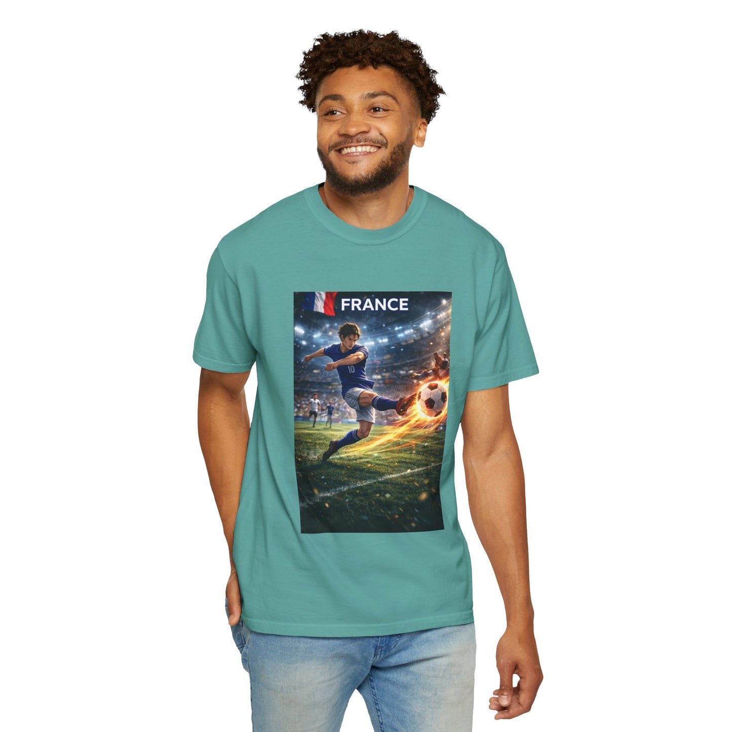 France Soccer Player Graphic T-Shirt — Football Kick Stadium Design