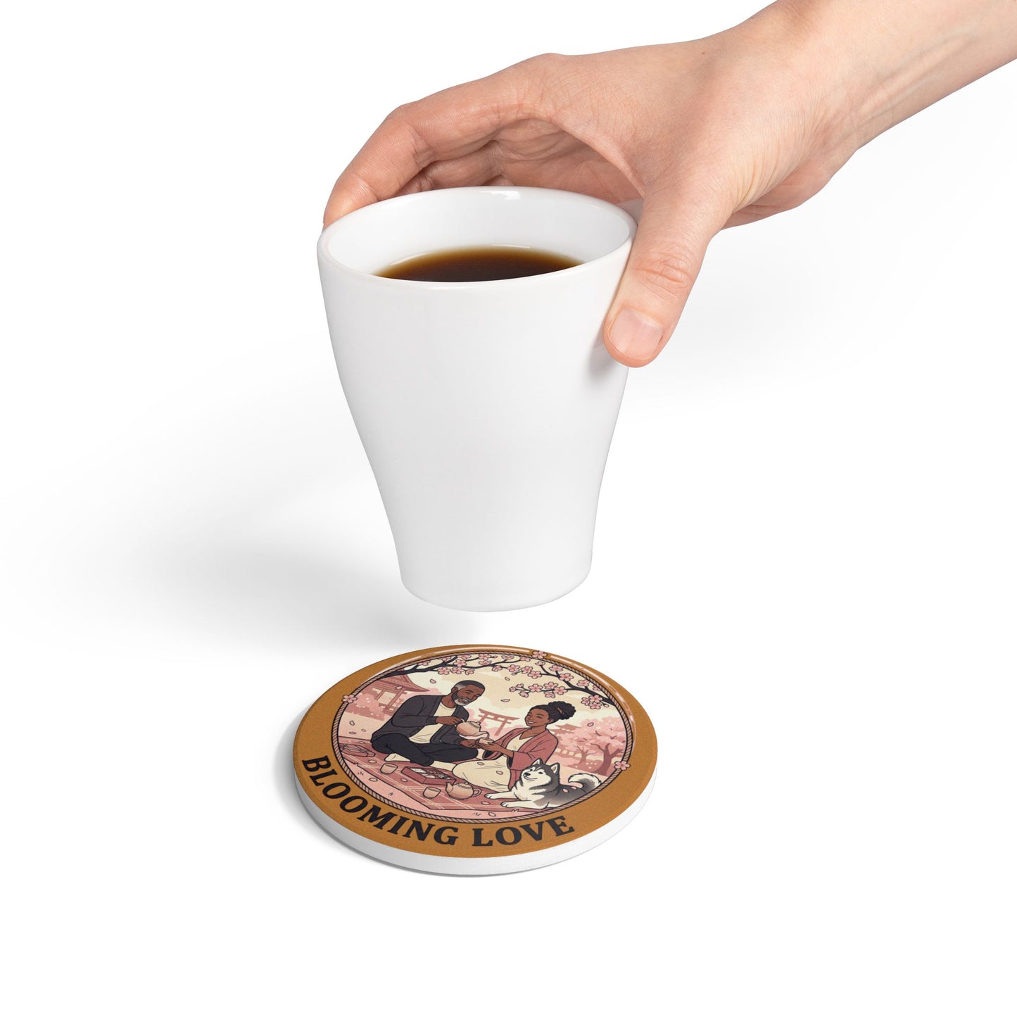 Blooming Love Ceramic Coaster — Romantic Picnic Cherry Blossom Tea Time Gift