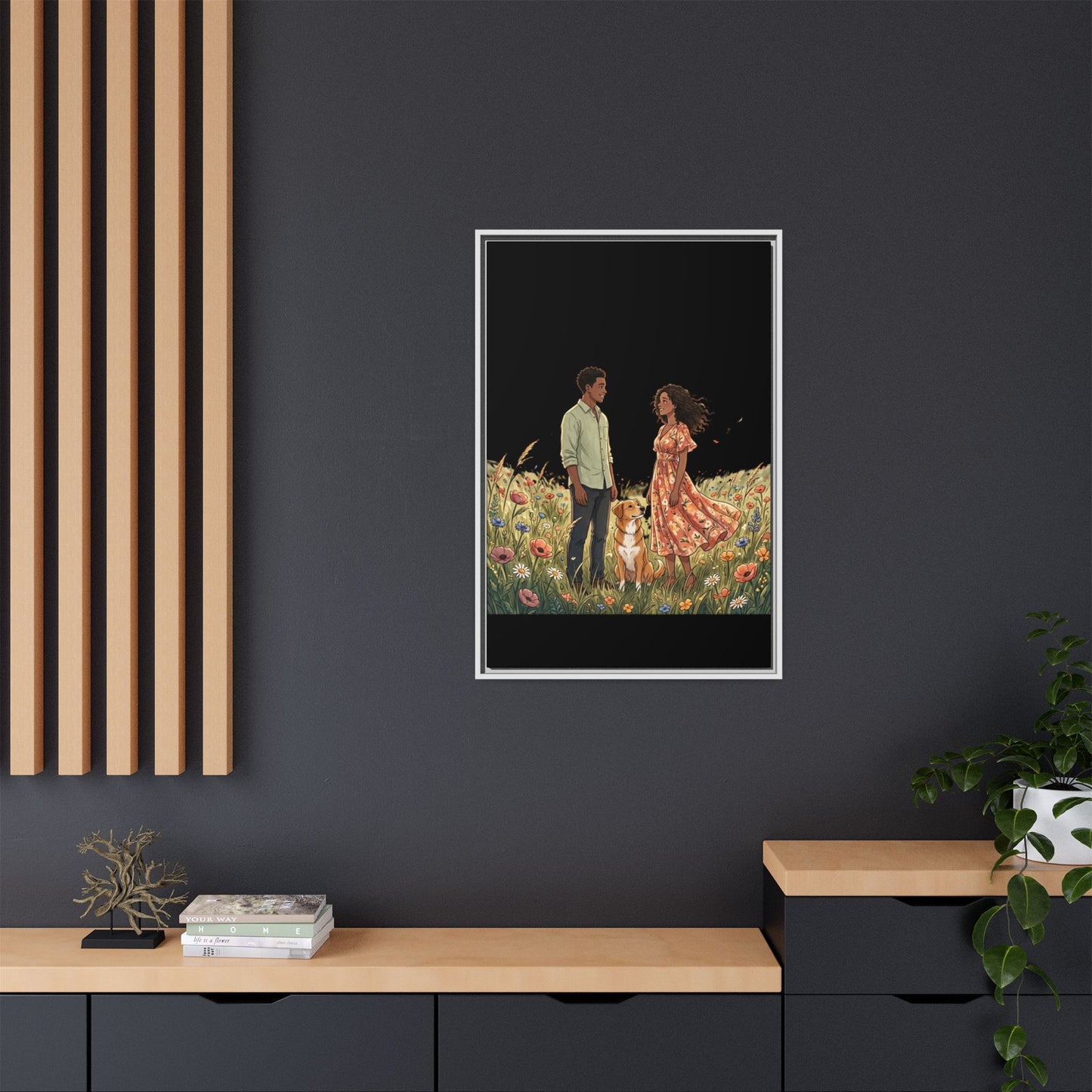 Framed Matte Canvas Print — Romantic Couple in Wildflower Field (Multi‑Color)