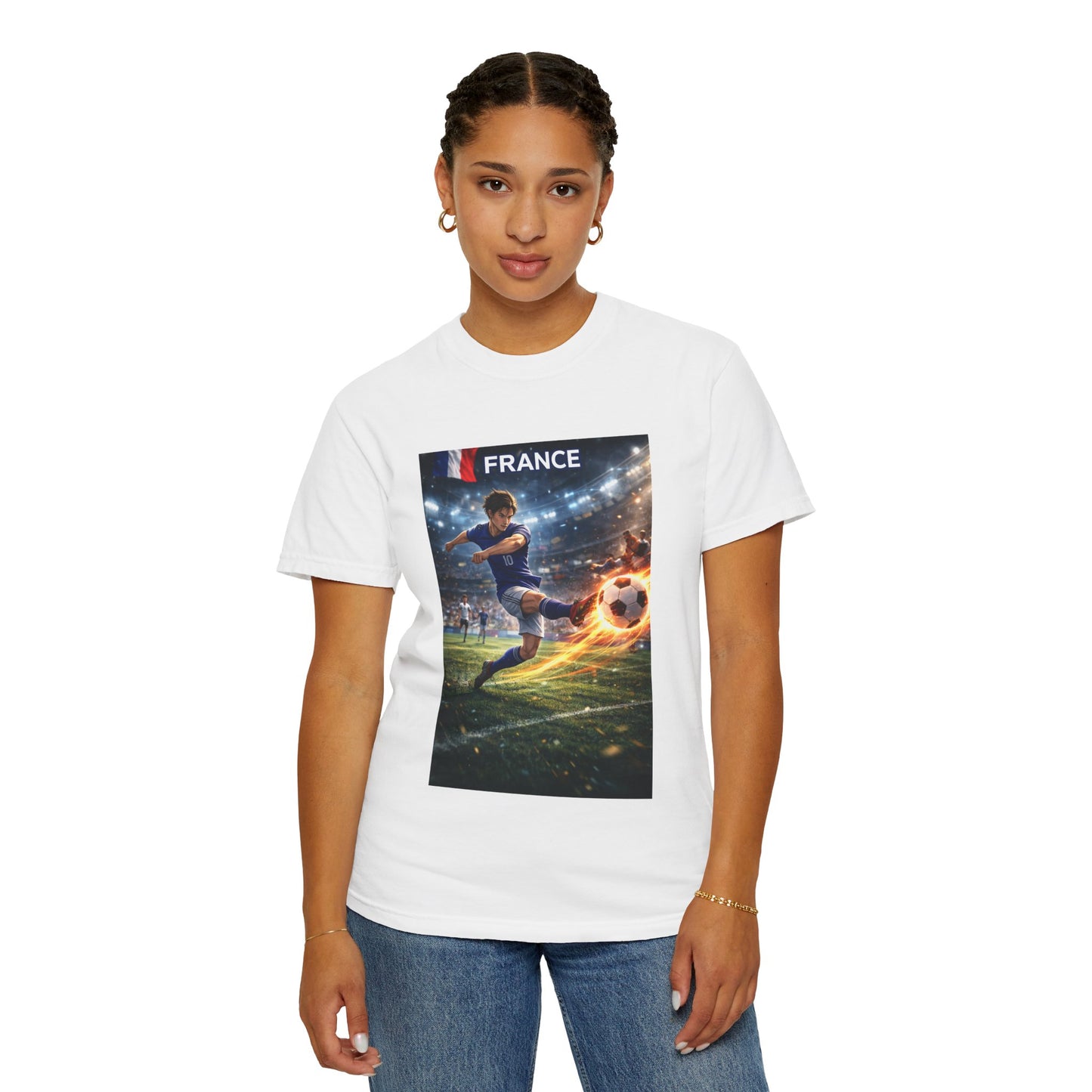 France Soccer Player Graphic T-Shirt — Football Kick Stadium Design