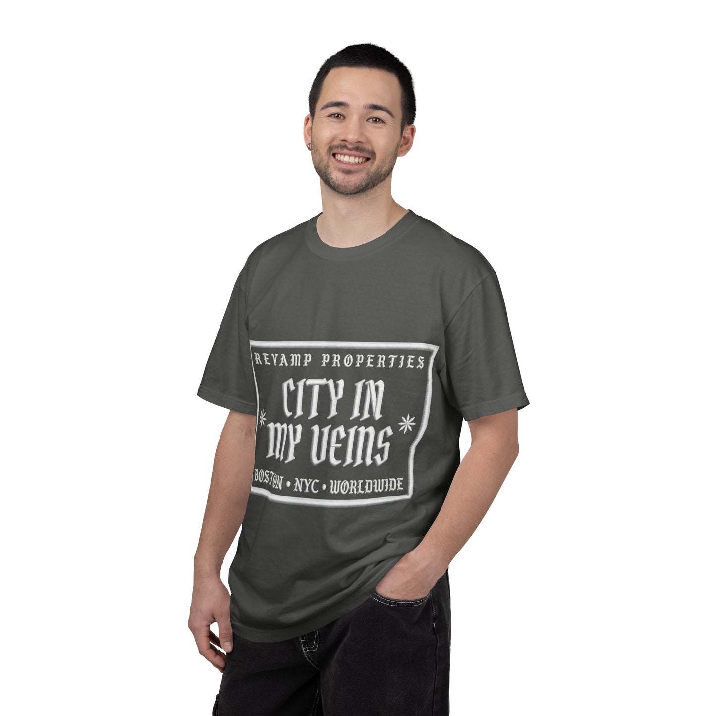 City In My Veins T‑Shirt — Vintage Cityscape Tee (Boston • NYC • Manchester)