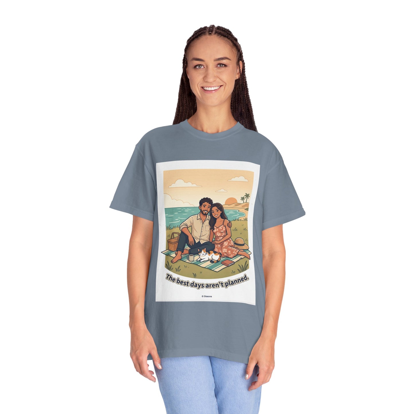 Beach Picnic Couple T‑Shirt — “The best days aren’t planned.” Relaxed Vacation Tee