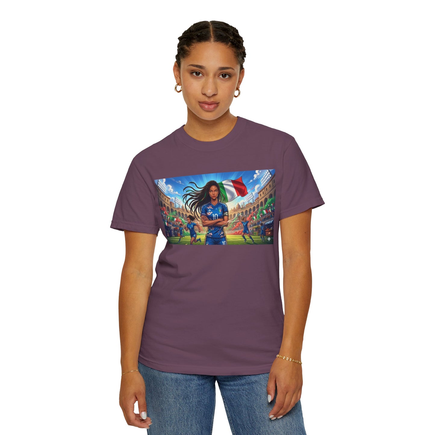 Italian Soccer Fan T‑Shirt – Inspirational Female Player with Italy Flag Stadium Print
