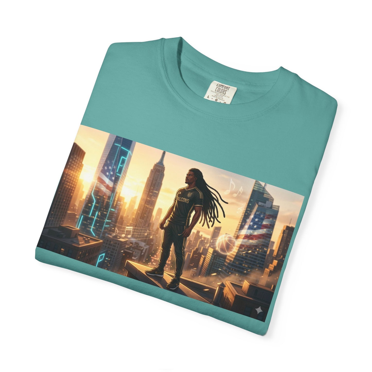 Cyberpunk Cityscape T-Shirt — Silhouette Hero at Sunset