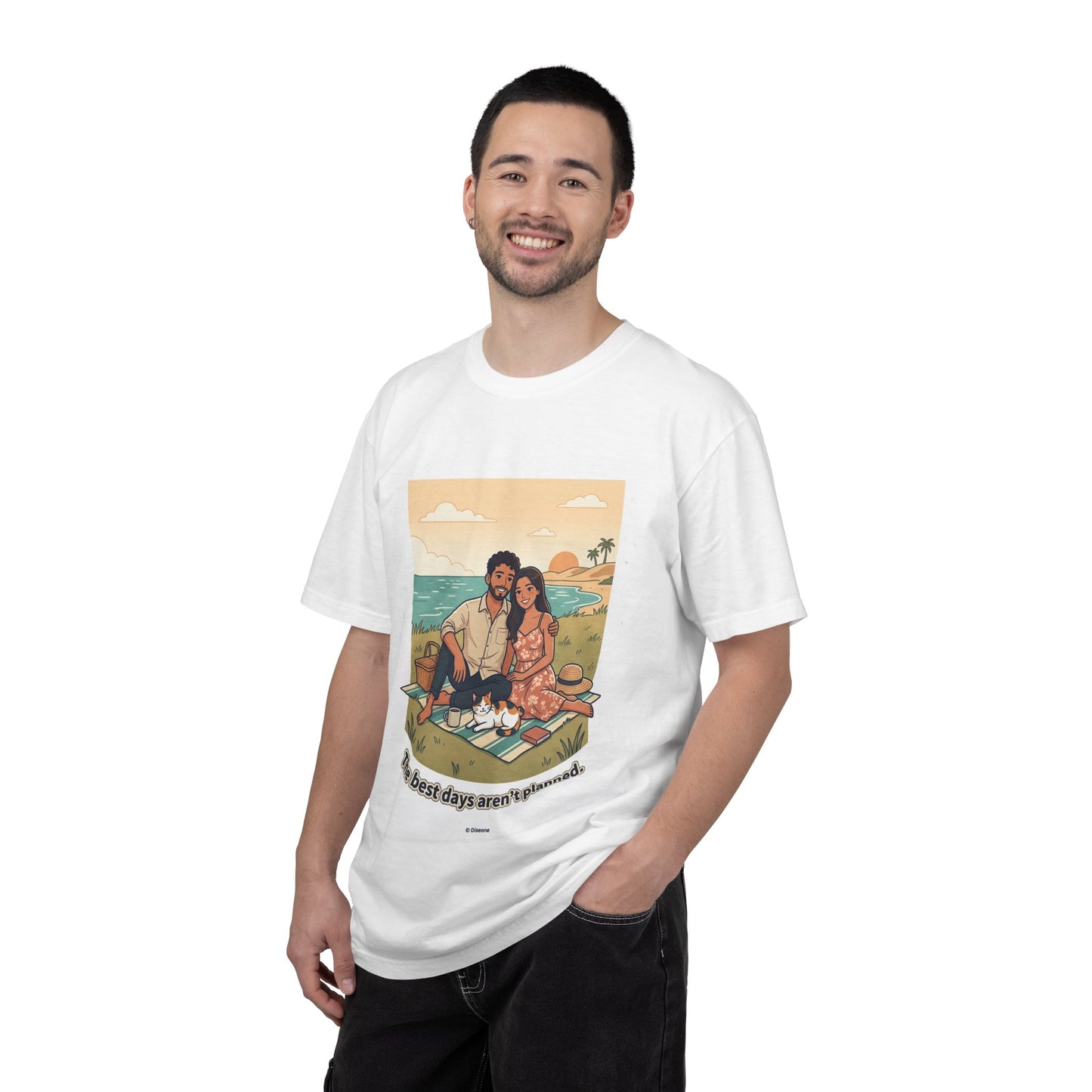 Beach Picnic Couple T‑Shirt — “The best days aren’t planned.” Relaxed Vacation Tee