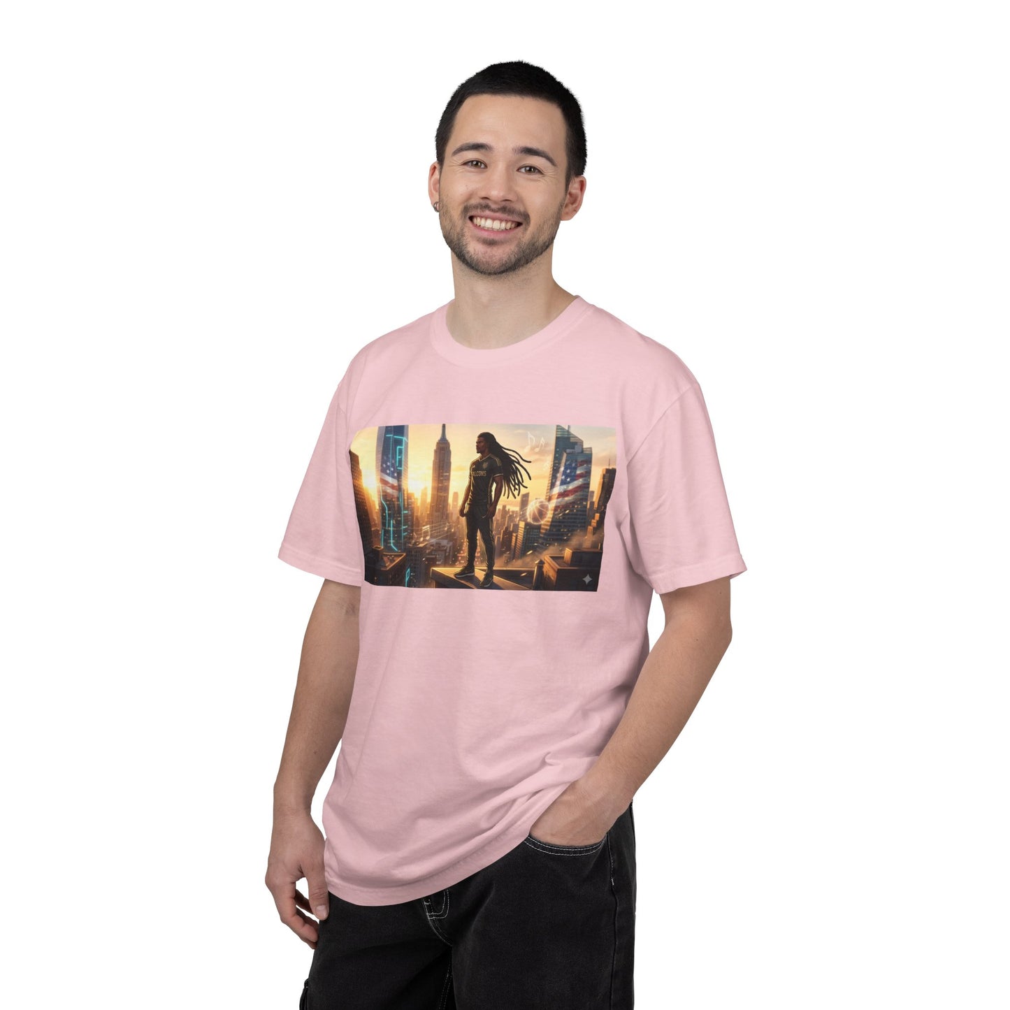 Cyberpunk Cityscape T-Shirt — Silhouette Hero at Sunset