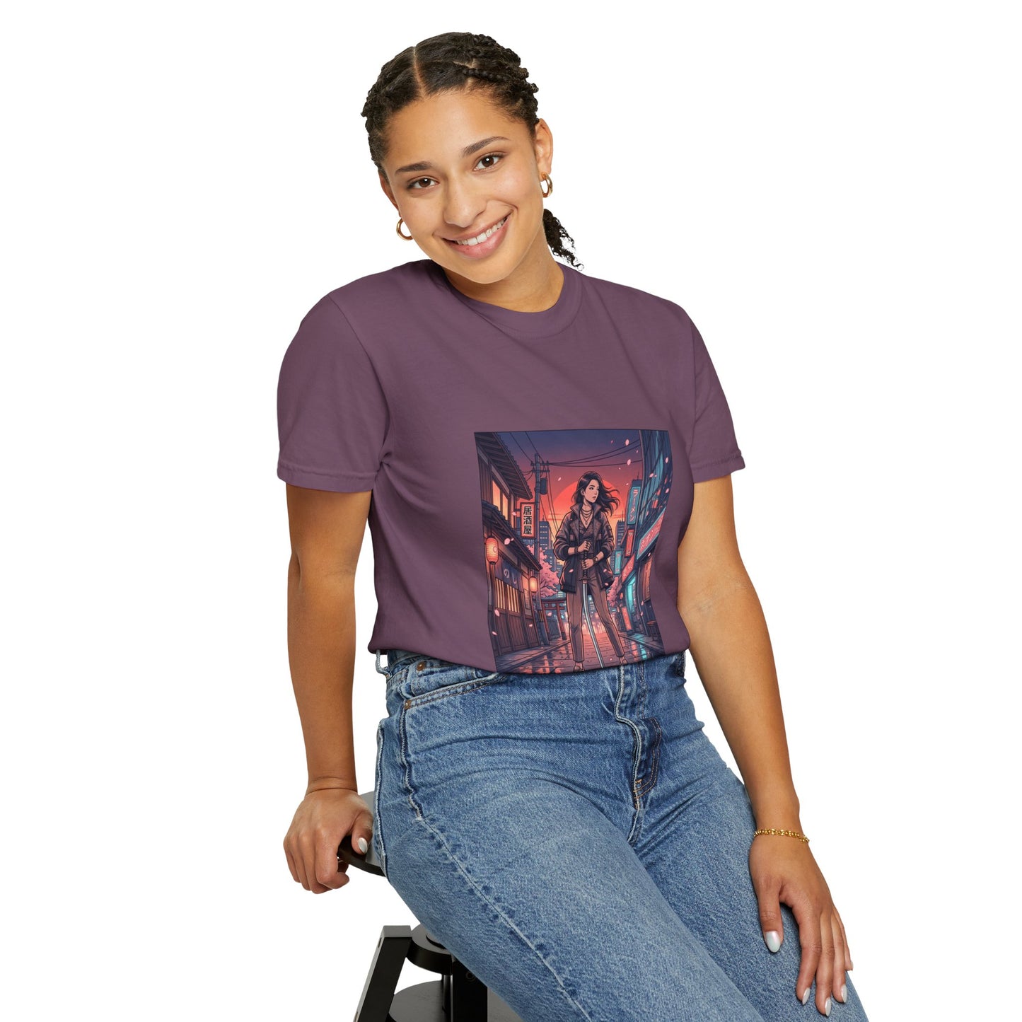 Cyberpunk Night Streets T‑Shirt — Neon Samurai Girl Graphic Tee