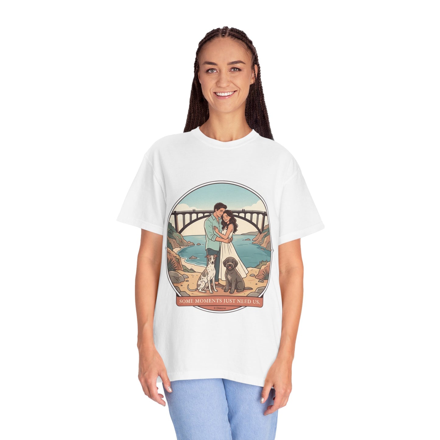 T-Shirt — Romantic Coastal Couples Tee “Some Moments Are Forever” with Dogs