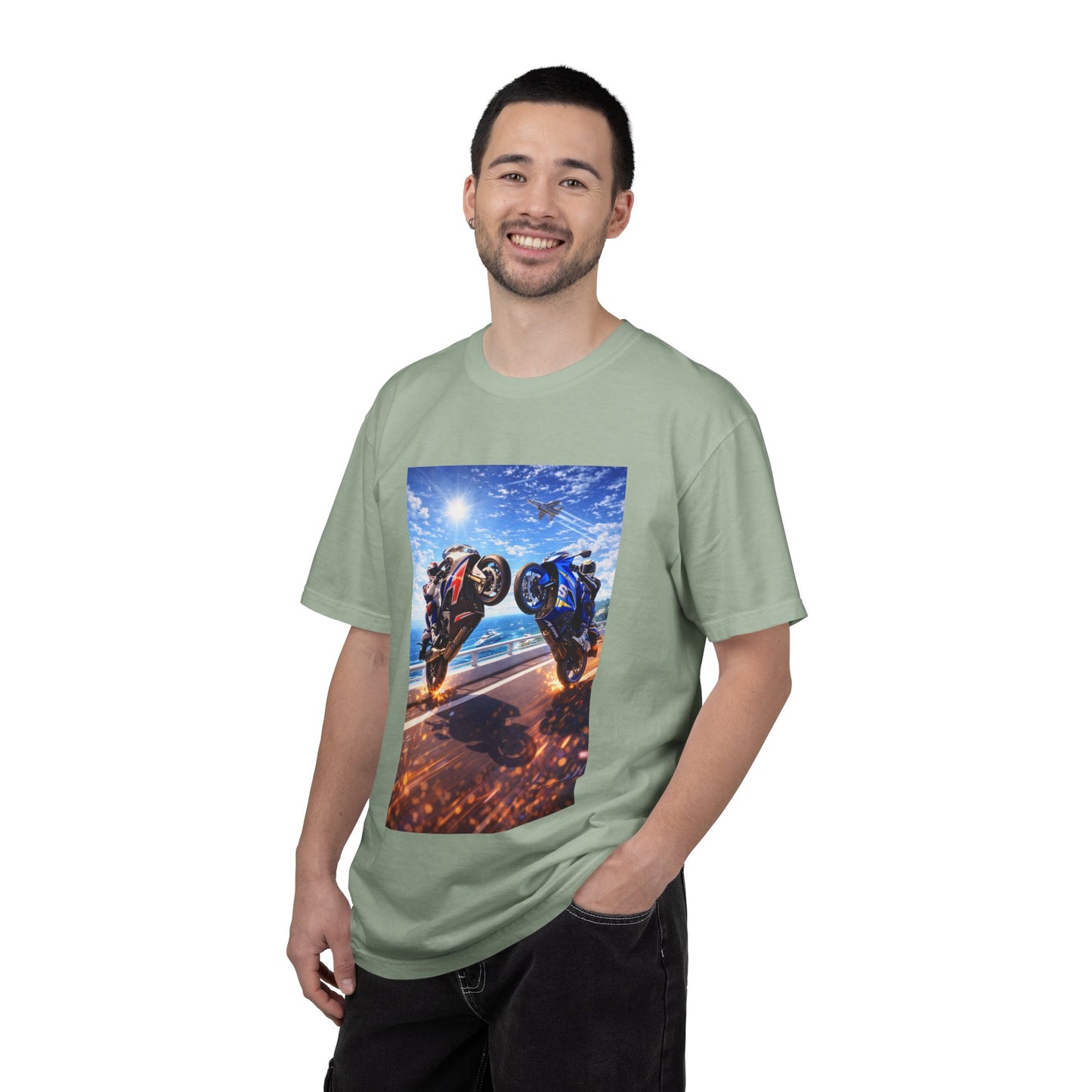 Stunt Riders Motorcycle T-Shirt — Two Bike Wheelie Racing Graphic Tee