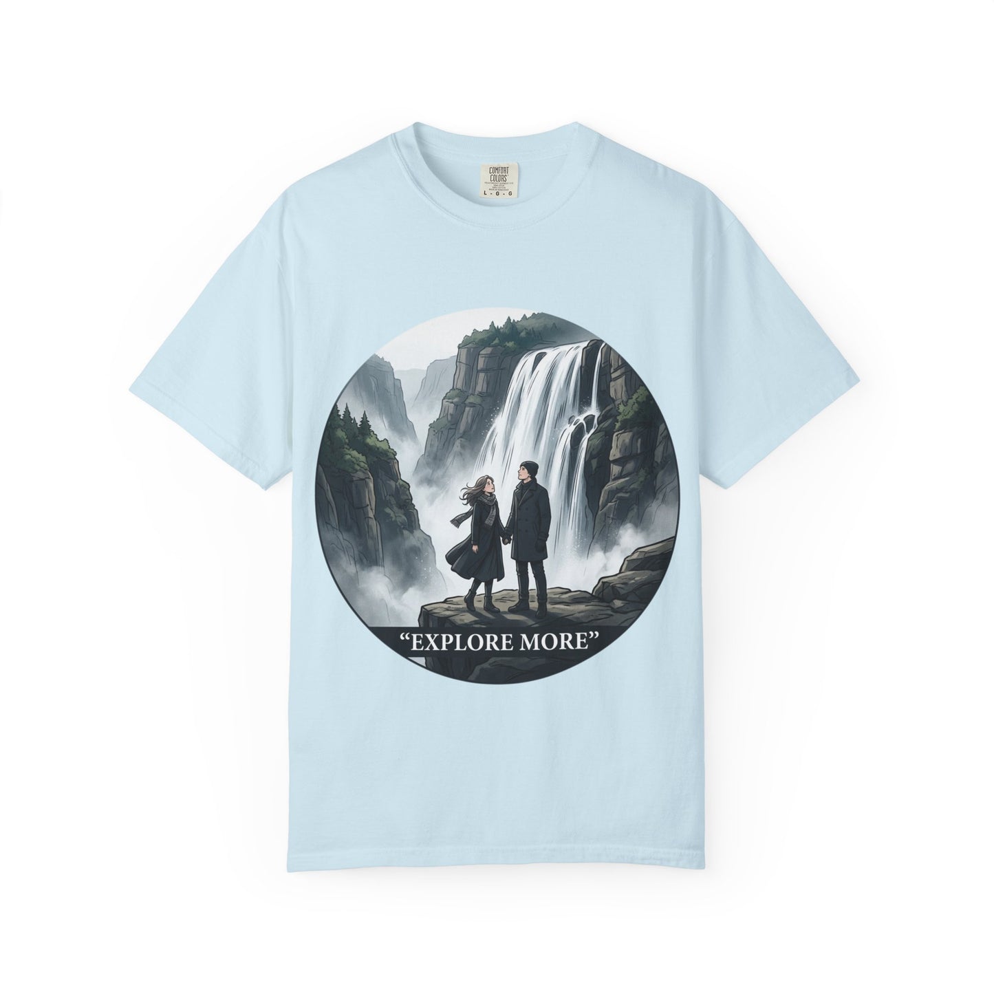 Explore More T-Shirt — Adventure Graphic Tee with Waterfall Scene