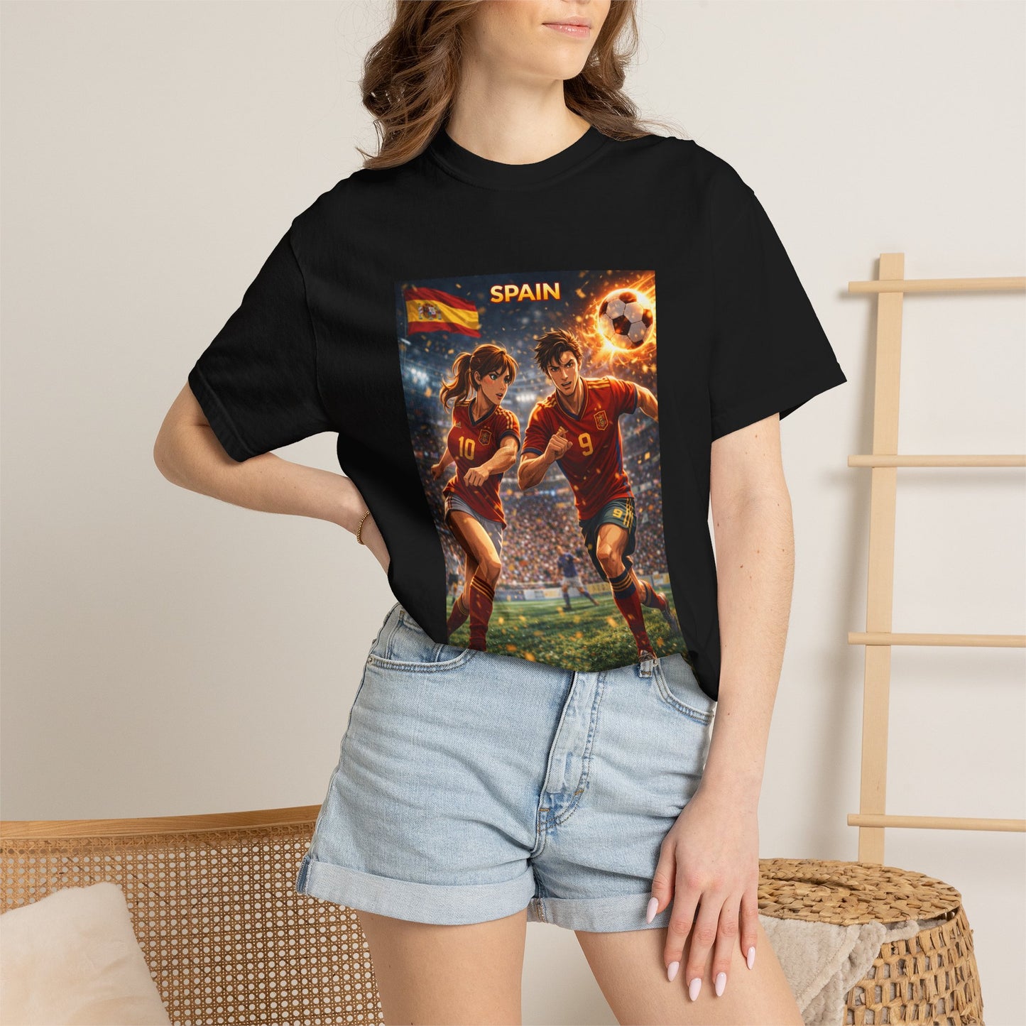 Spain Soccer Graphic T-Shirt — Retro Match Scene with Flag