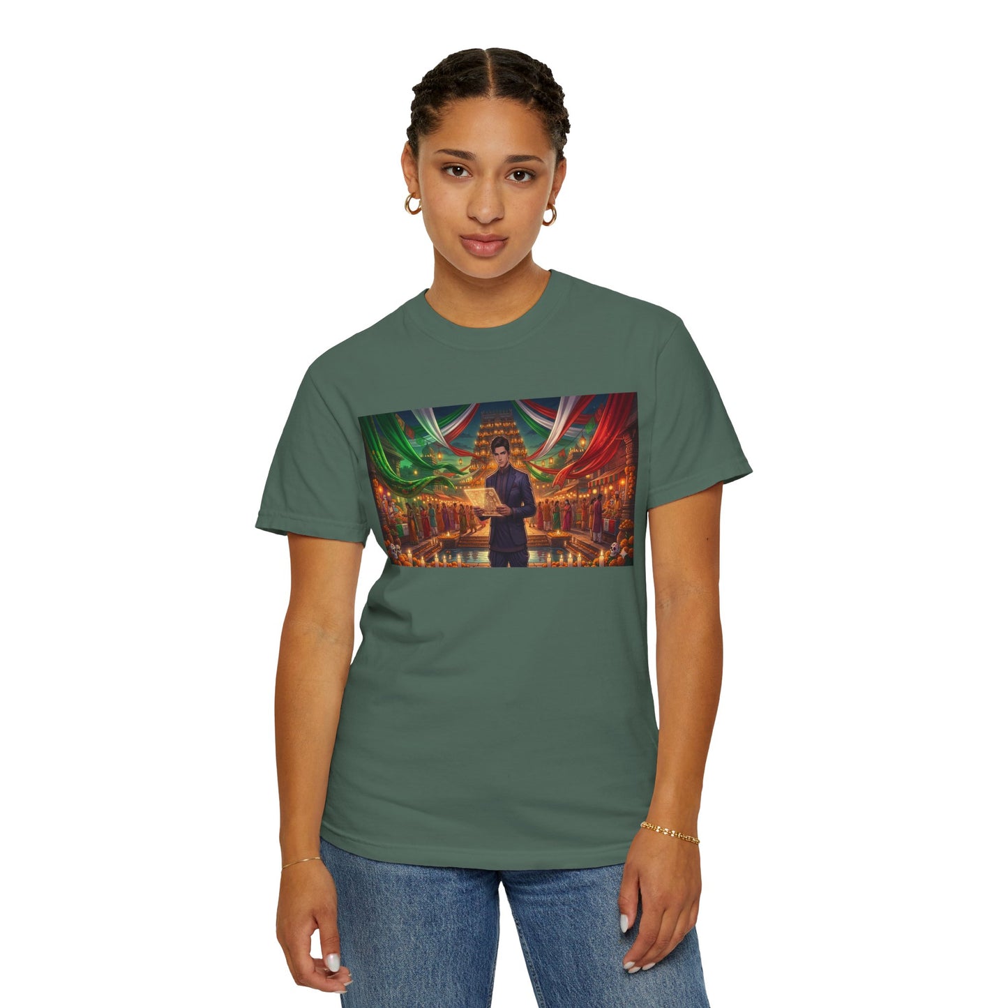 T-Shirt — Dragon Temple Night Scene Graphic Tee (Monk with Dragons)