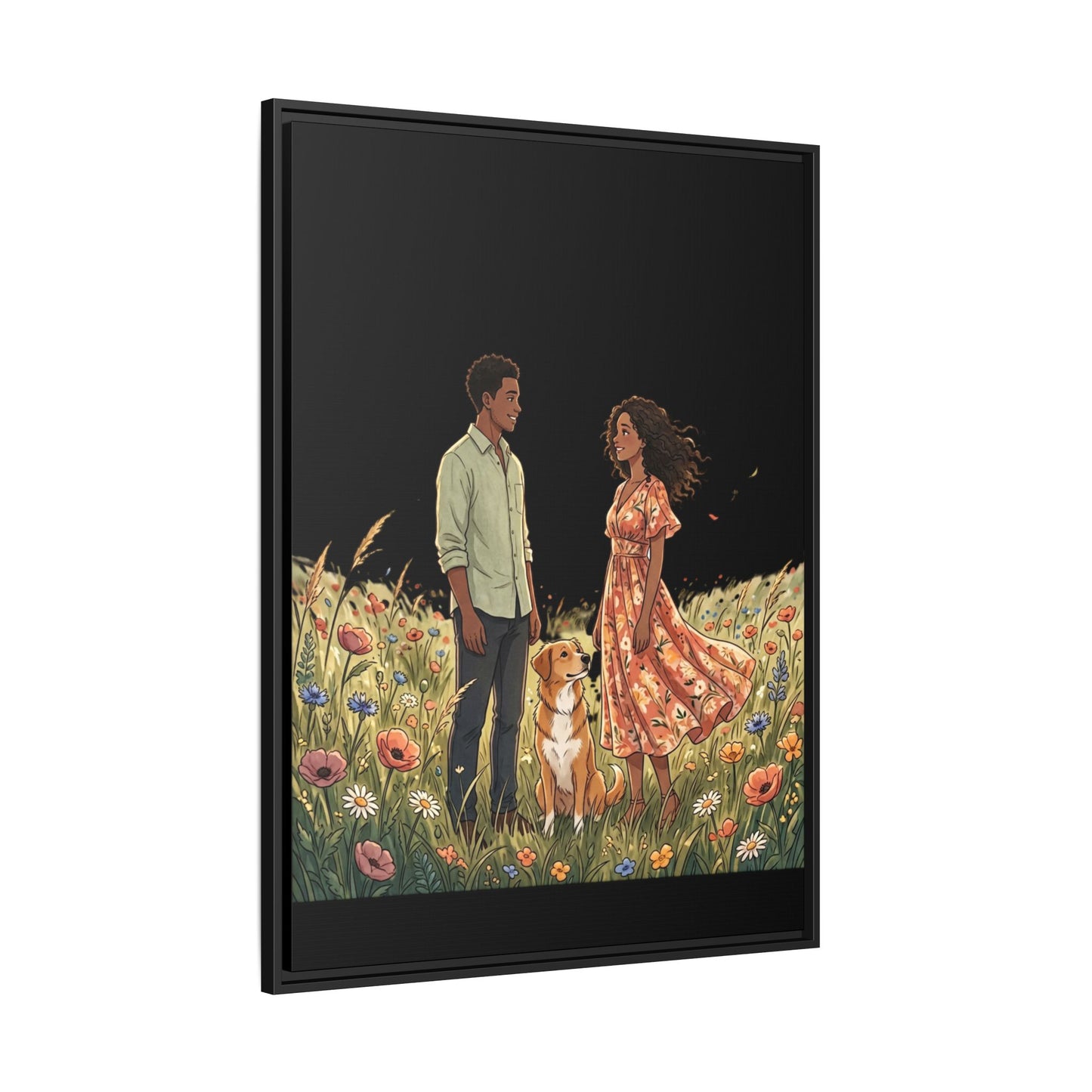 Framed Matte Canvas Print — Romantic Couple in Wildflower Field (Multi‑Color)