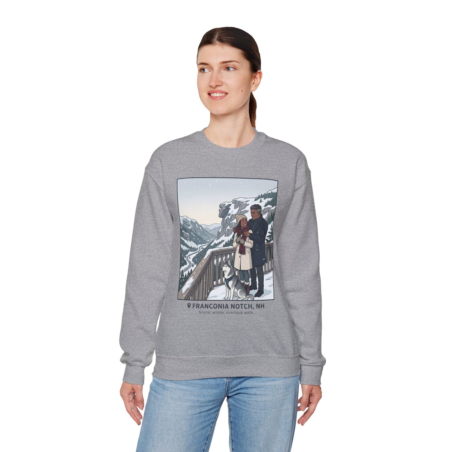 Crewneck Sweatshirt — Franconia Notch Winter Couple Scenic Graphic