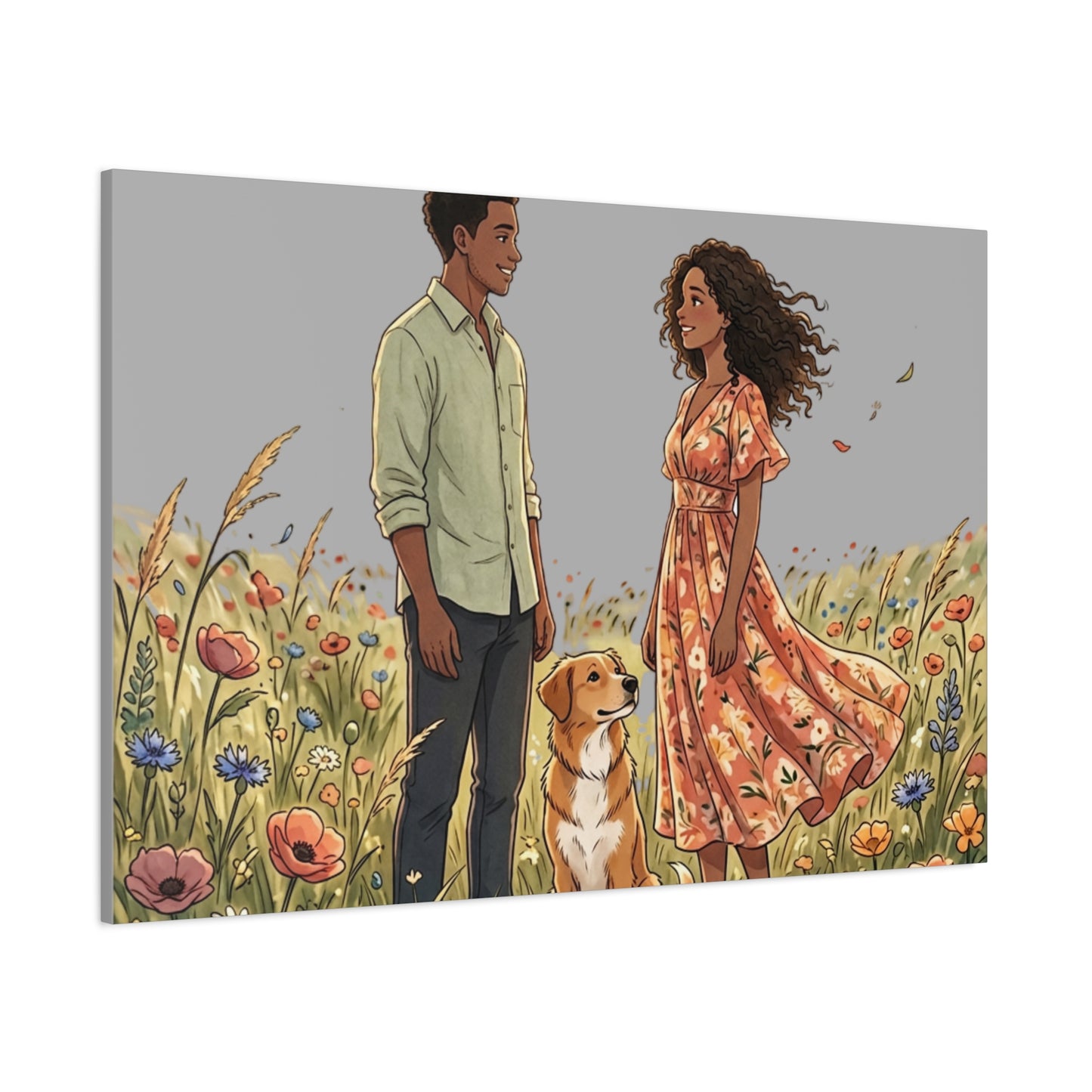 Romantic Couple in Wildflower Field Canvas Art — Black Love Wall Decor with Dog