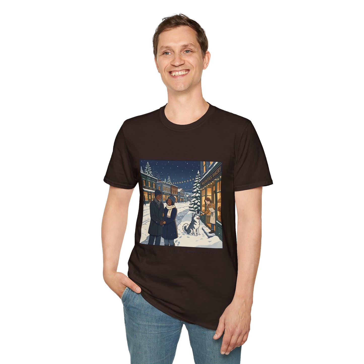 Winter String Lights Stroll T-Shirt — Cozy Holiday Street Scene Graphic Tee