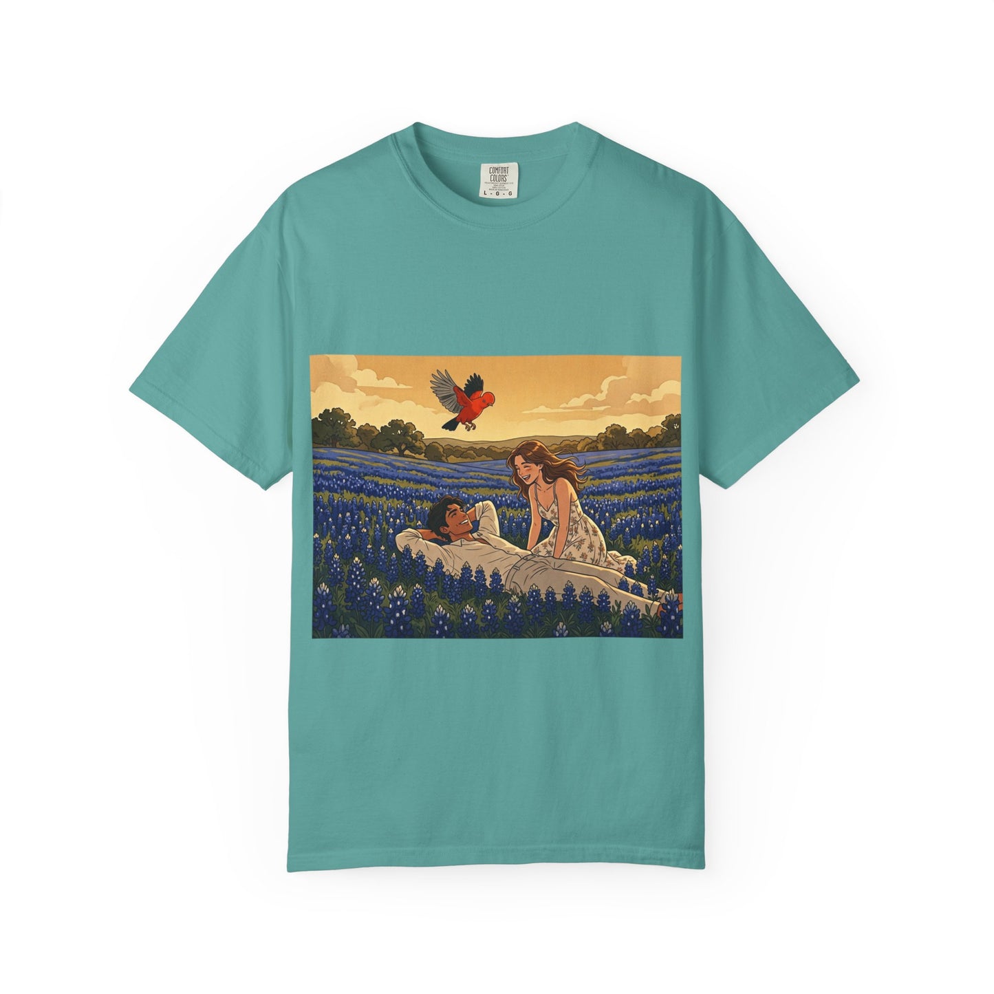 Romantic Bluebonnet Field T-Shirt — Couple in Wildflower Meadow Art Tee