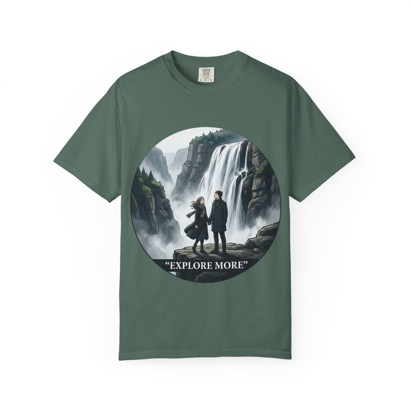 Explore More T-Shirt — Adventure Graphic Tee with Waterfall Scene