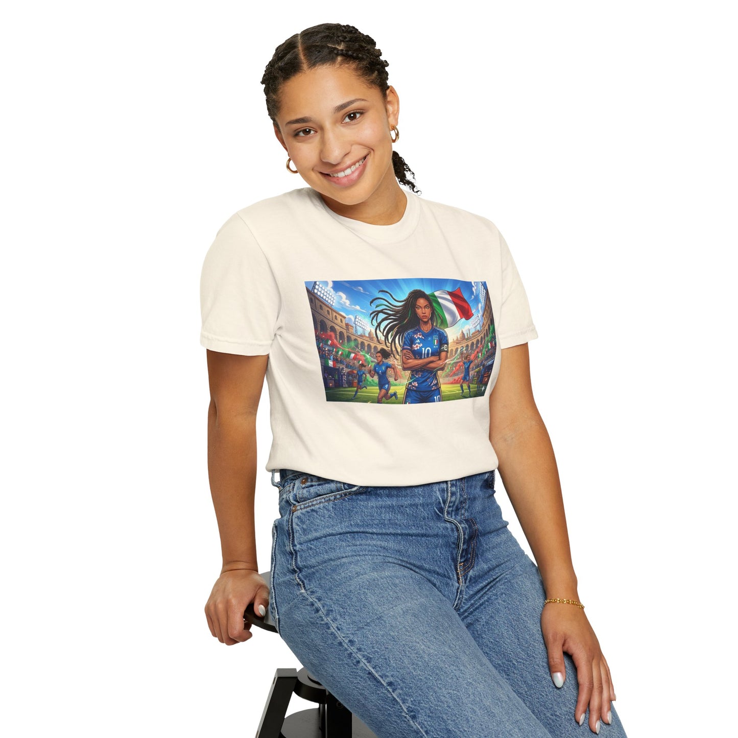 Italian Soccer Fan T‑Shirt – Inspirational Female Player with Italy Flag Stadium Print