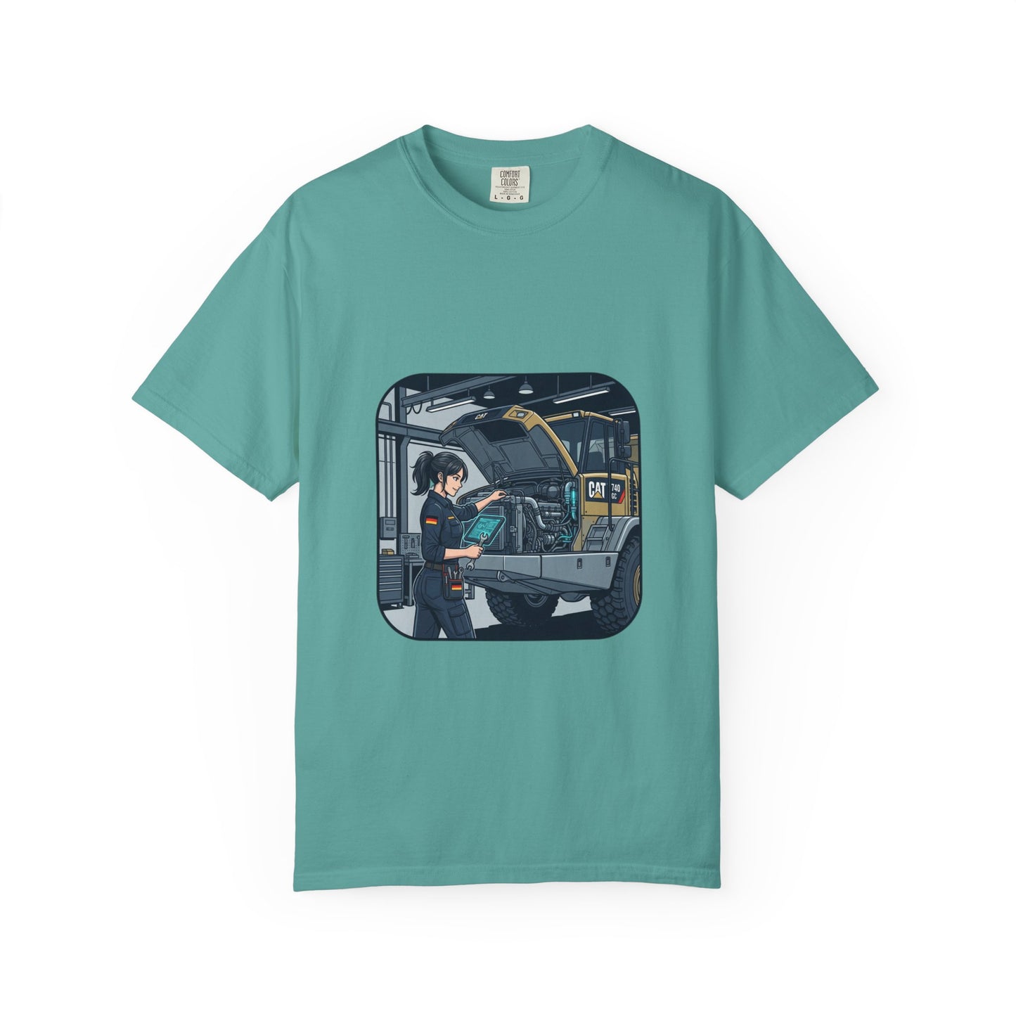 Mechanic Garage Scene T-Shirt — Vintage Truck Repair Illustration