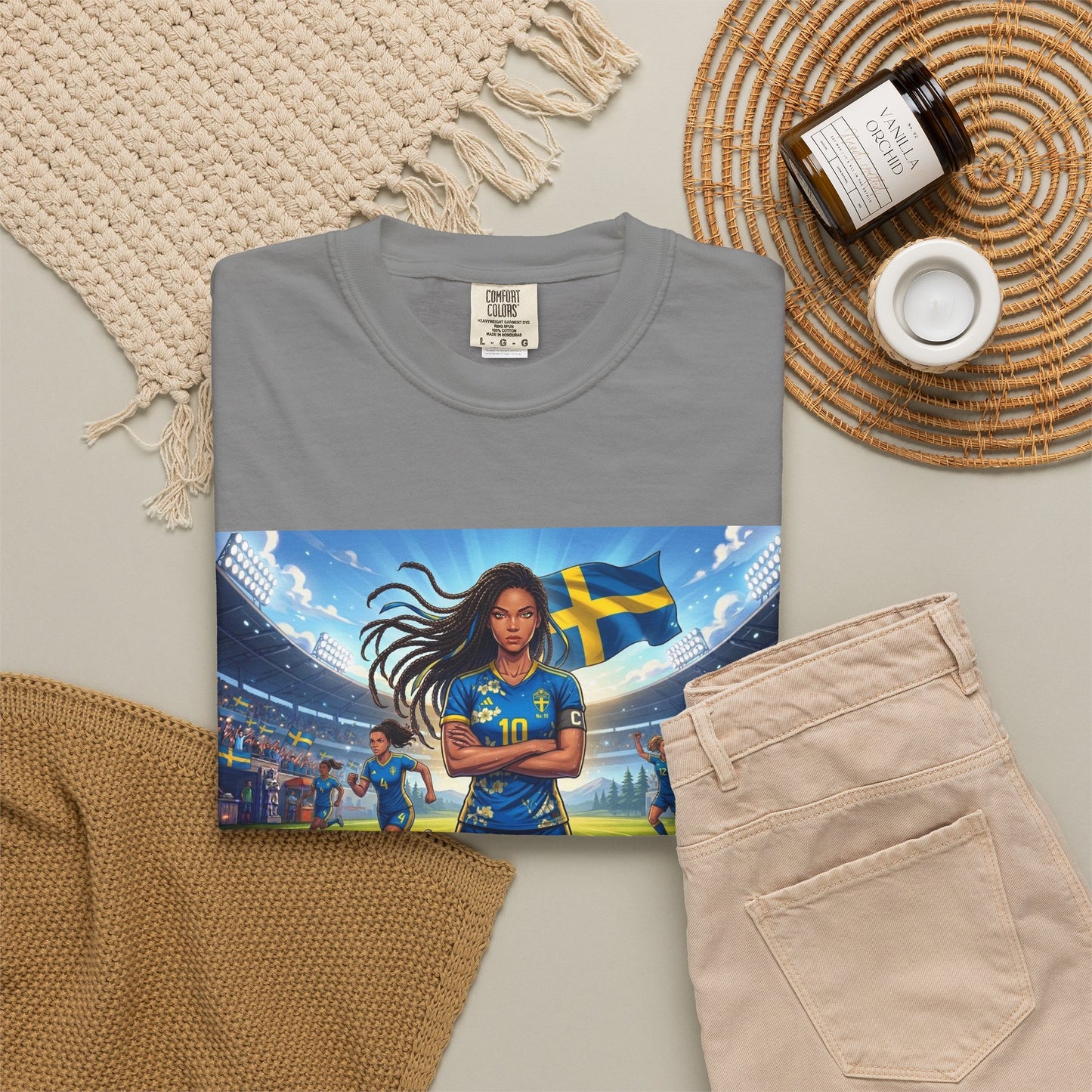 Swedish Soccer Pride T-Shirt — Female Footballer with Flag Stadium Design