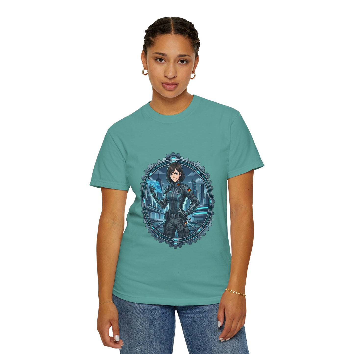 Cyber Ninja Graphic T-Shirt — Futuristic Female Warrior Illustration