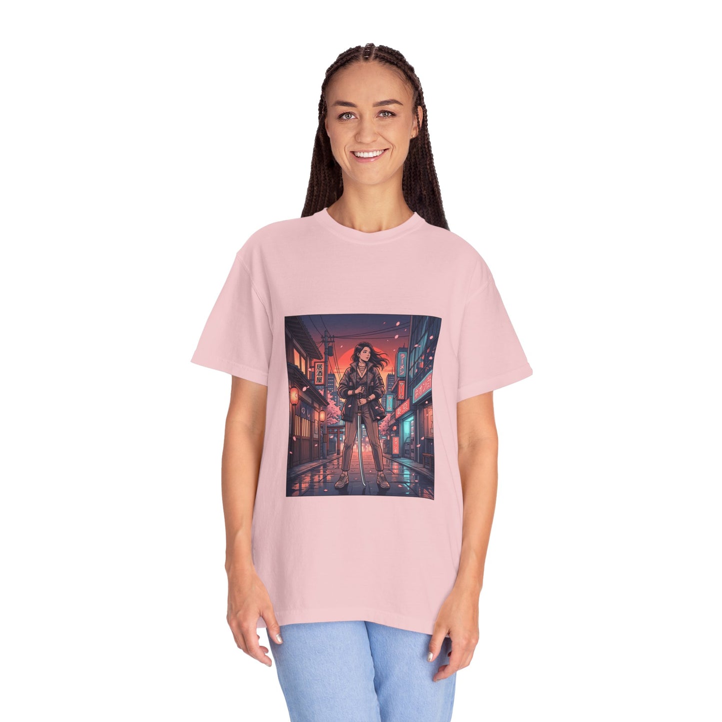 Cyberpunk Night Streets T‑Shirt — Neon Samurai Girl Graphic Tee