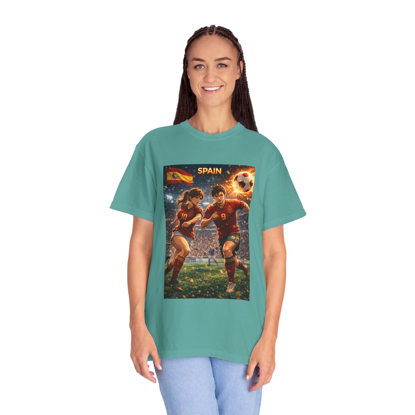 Spain Soccer Graphic T-Shirt — Retro Match Scene with Flag