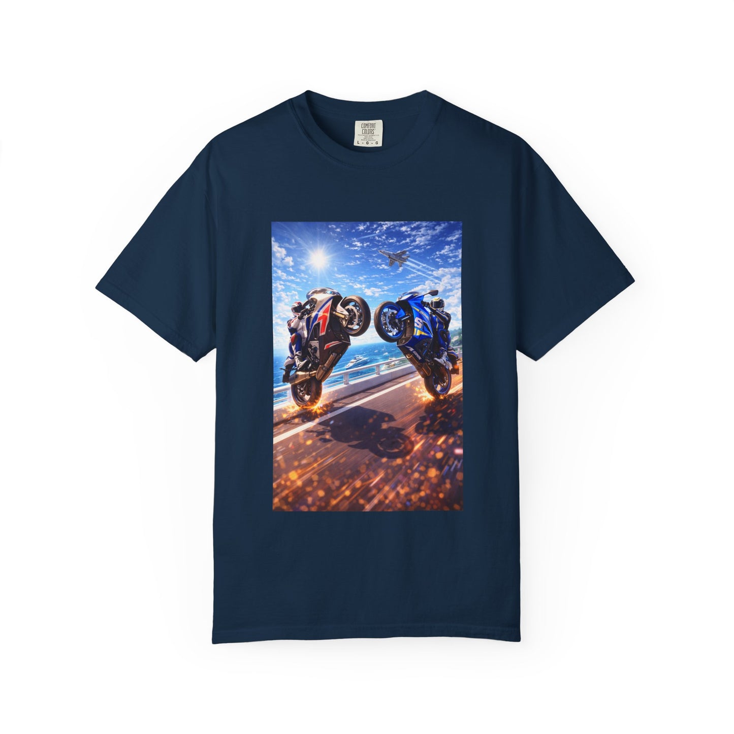 Stunt Riders Motorcycle T-Shirt — Two Bike Wheelie Racing Graphic Tee