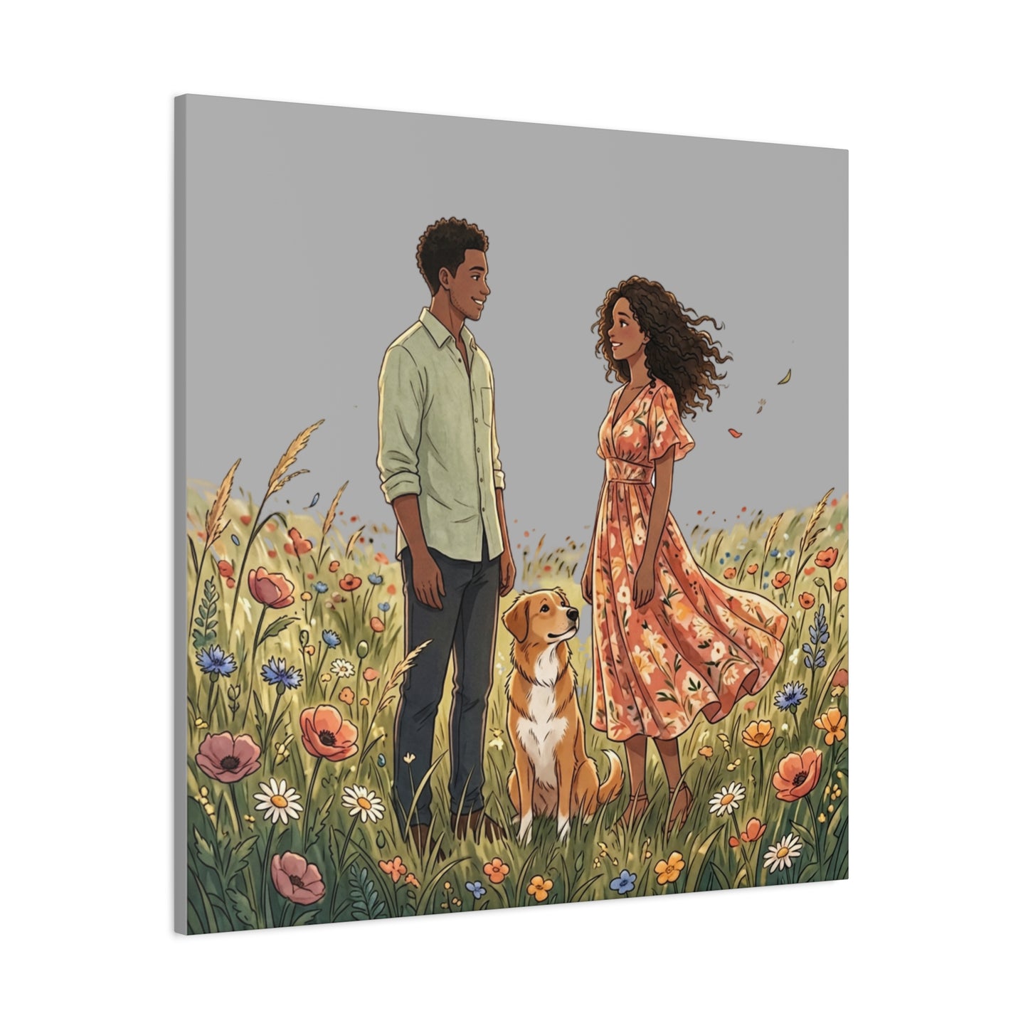Romantic Couple in Wildflower Field Canvas Art — Black Love Wall Decor with Dog