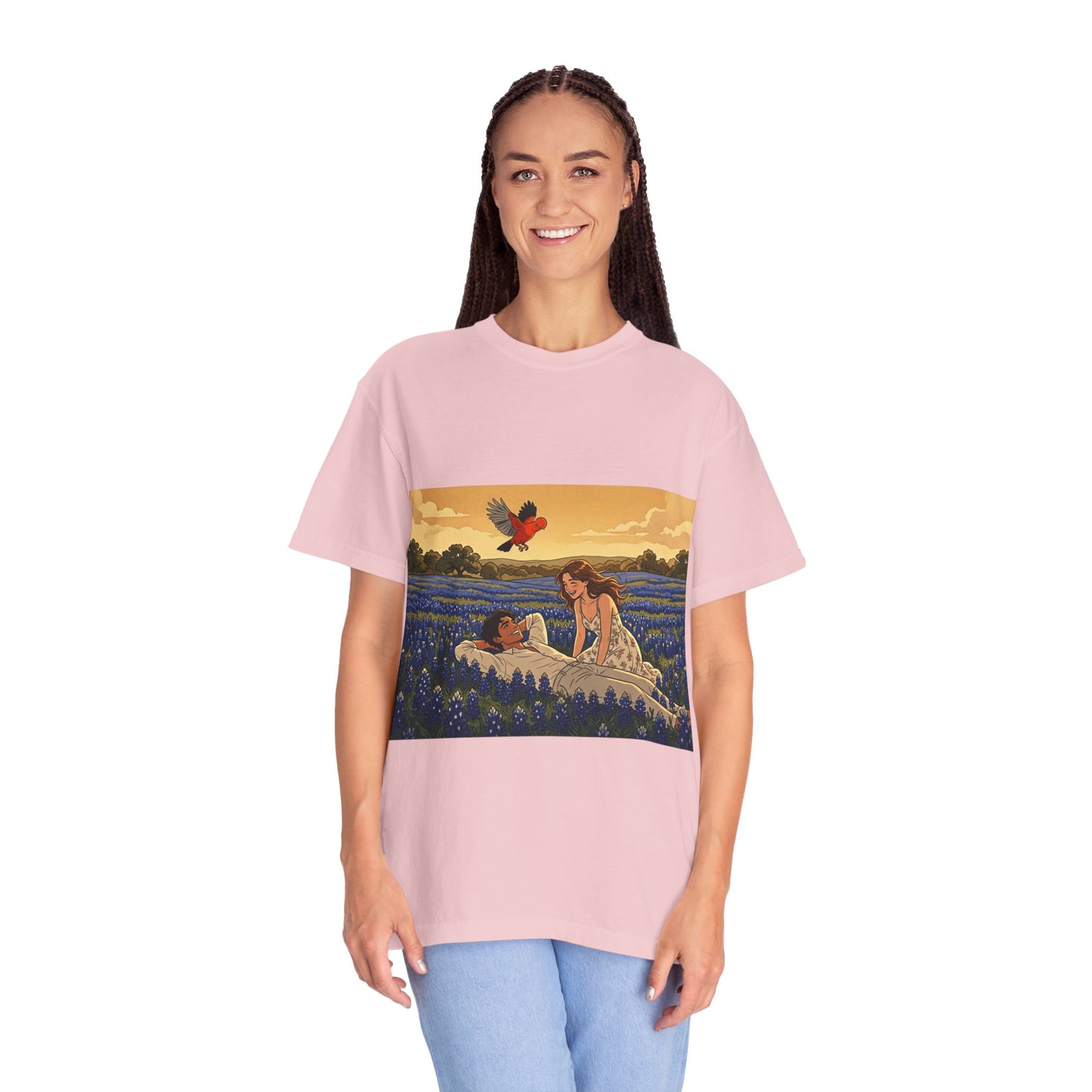 Romantic Bluebonnet Field T-Shirt — Couple in Wildflower Meadow Art Tee