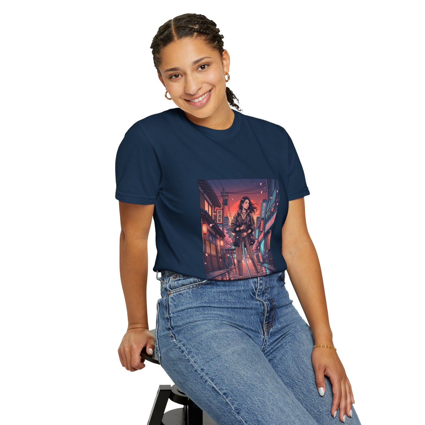 Cyberpunk Night Streets T‑Shirt — Neon Samurai Girl Graphic Tee