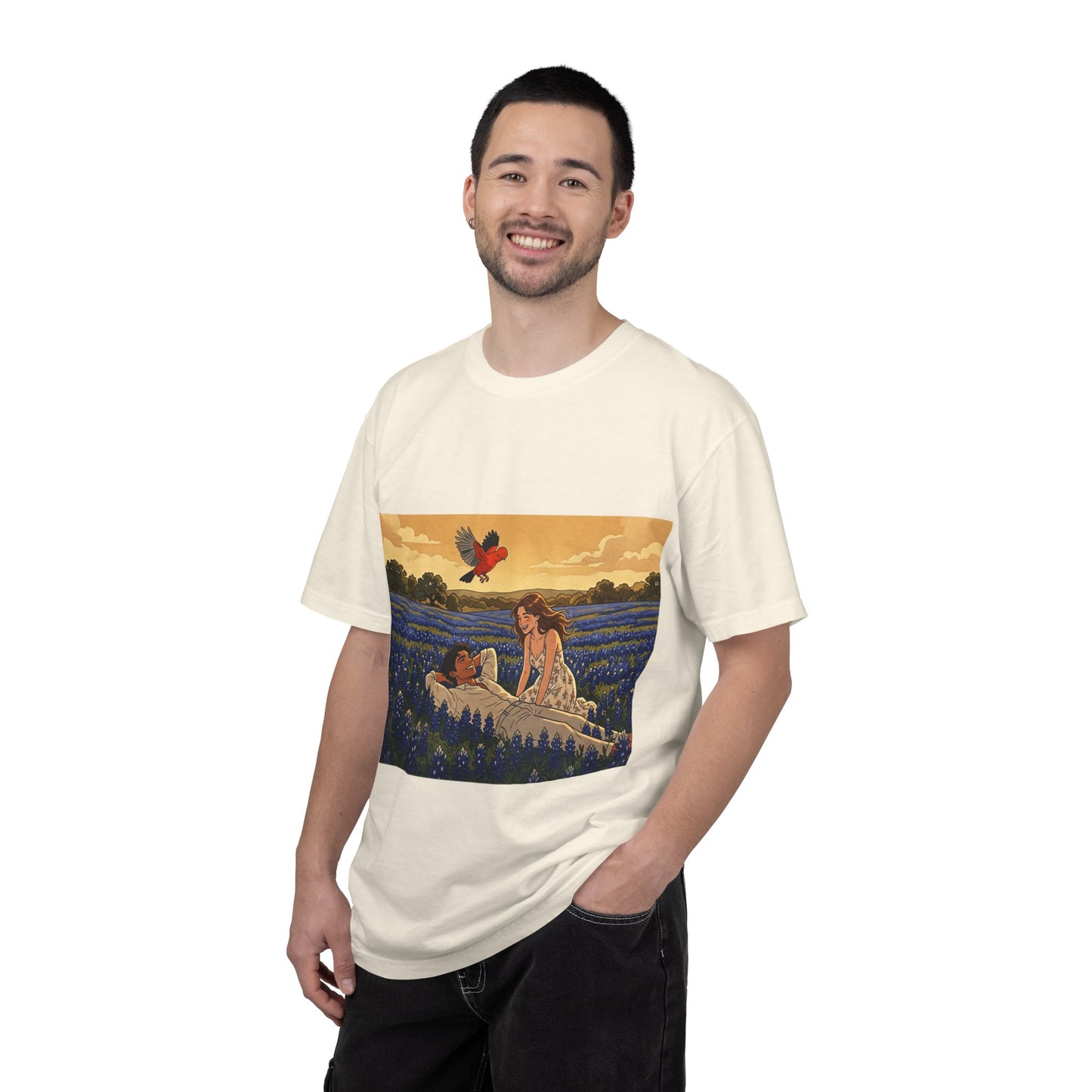 Romantic Bluebonnet Field T-Shirt — Couple in Wildflower Meadow Art Tee