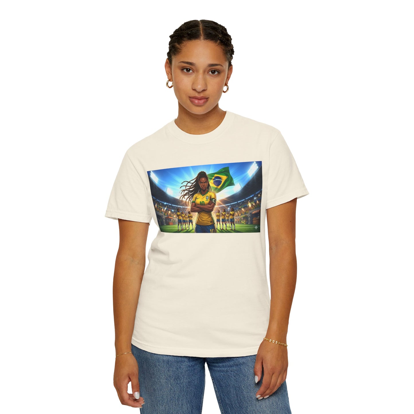 Brazil Soccer Captain T-Shirt — Player Holding Ball with Brazilian Flag Stadium Graphic