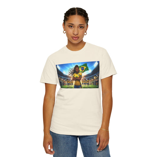 Brazil Soccer Captain T-Shirt — Player Holding Ball with Brazilian Flag Stadium Graphic