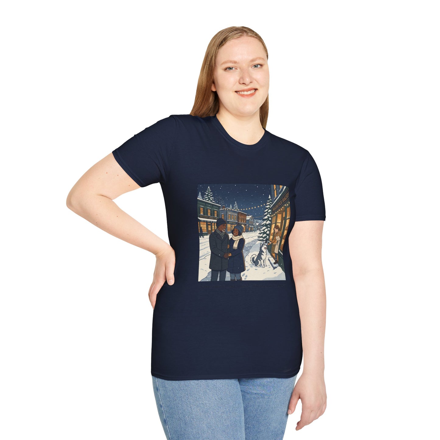 Winter String Lights Stroll T-Shirt — Cozy Holiday Street Scene Graphic Tee
